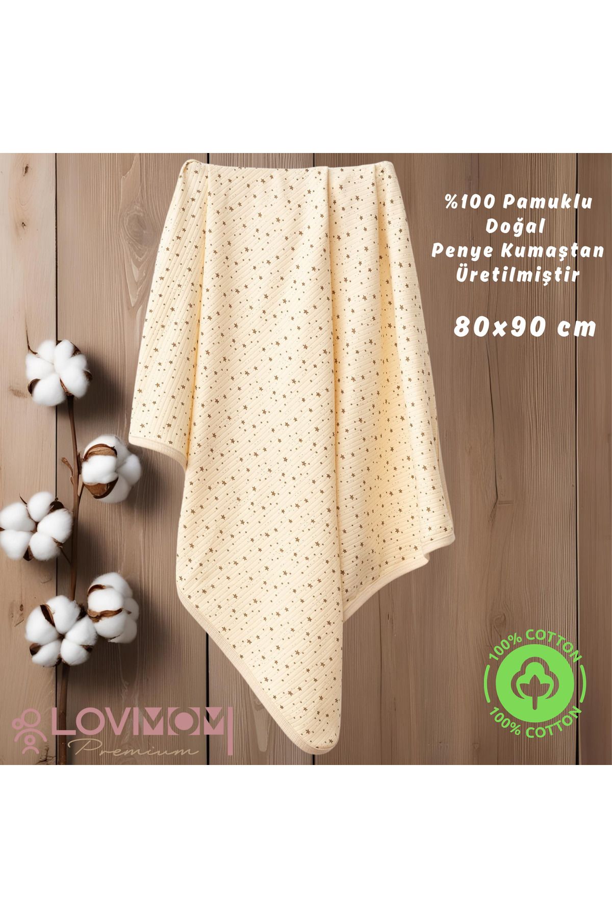 lovimom %100 Pamuklu Yenidoğan & Bebek Battaniyesi Penye Yumuşak Nefes Alan Kumaş 0-2 Yaş 80x90cm Yıldız