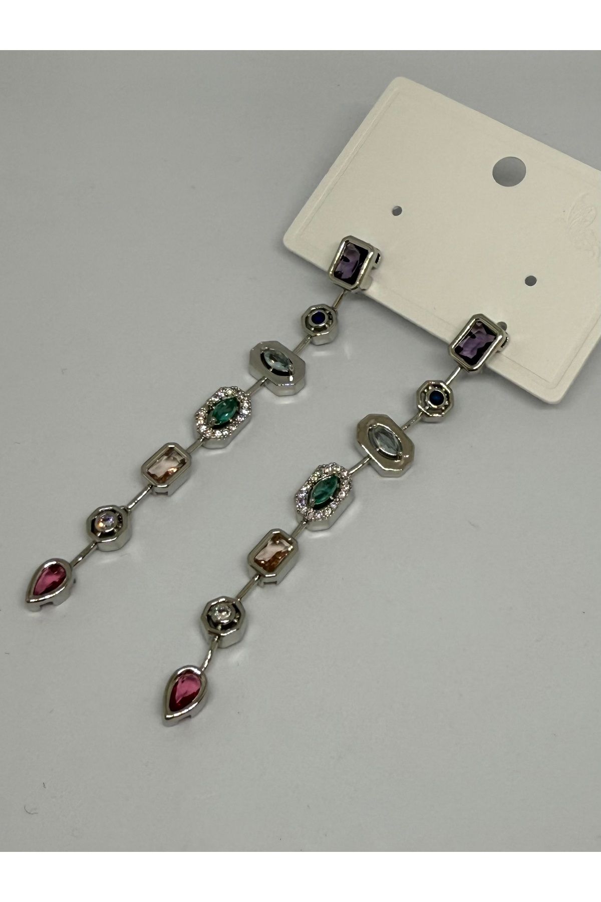Gulsah's Store Çelik silver 7 element renkli taşlı Y küpe