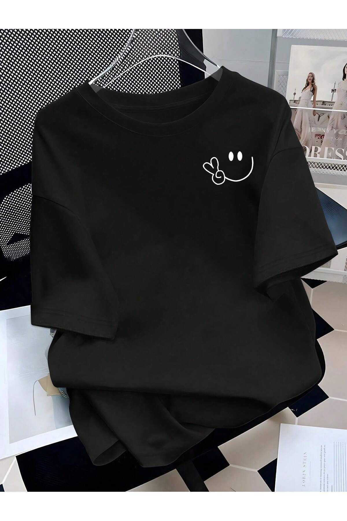 KEALVİ Peace Smile Tişört - Siyah Baskılı Oversize T-Shirt Bisiklet Yaka