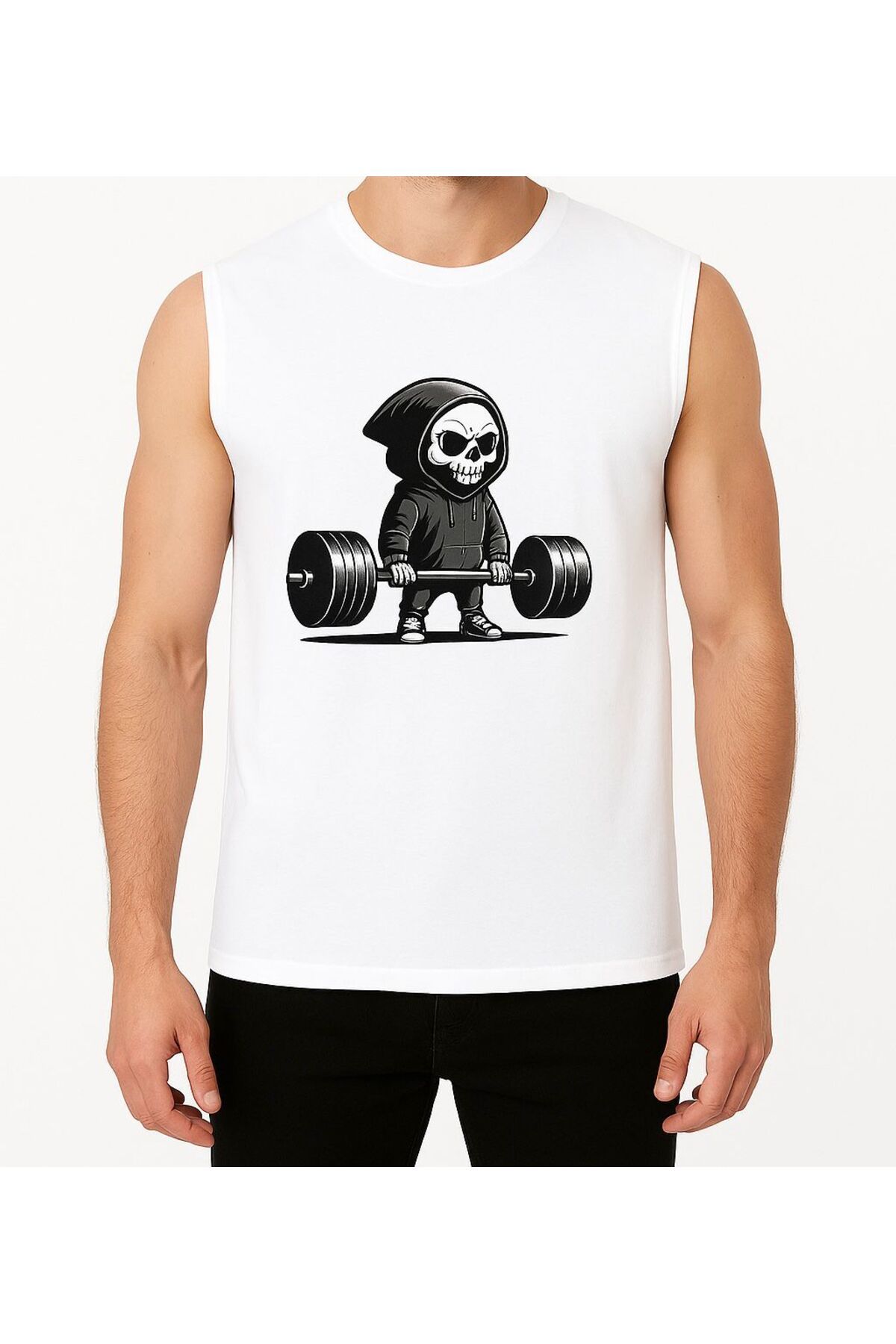MİHALİÇ Ağırlık Kaldıran İskelet Baskılı Erkek Kolsuz T-shirt
