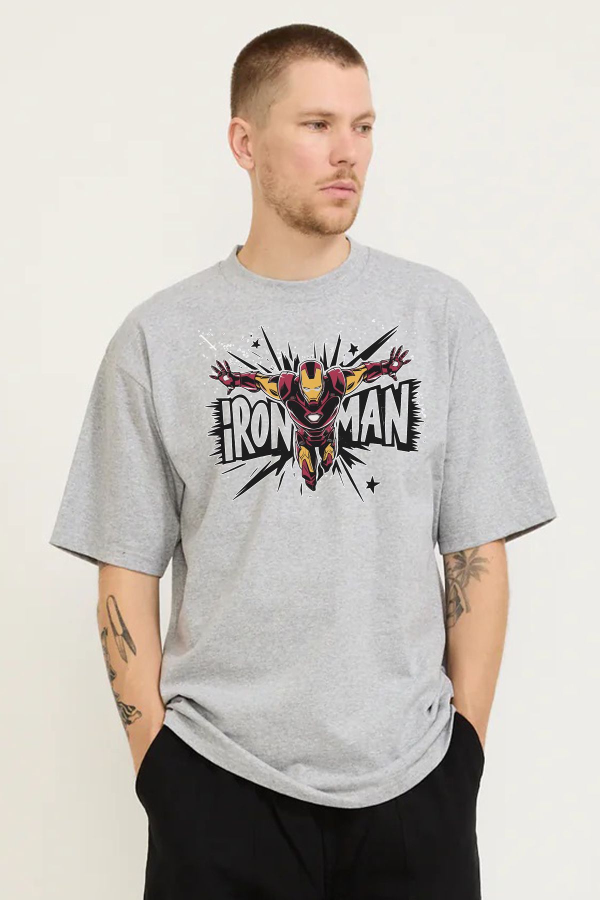 MODA iron Man Tony Stark Baskılı Oversize Kalıp Grimelanj Bol Geniş Kesim Erkek Tişört