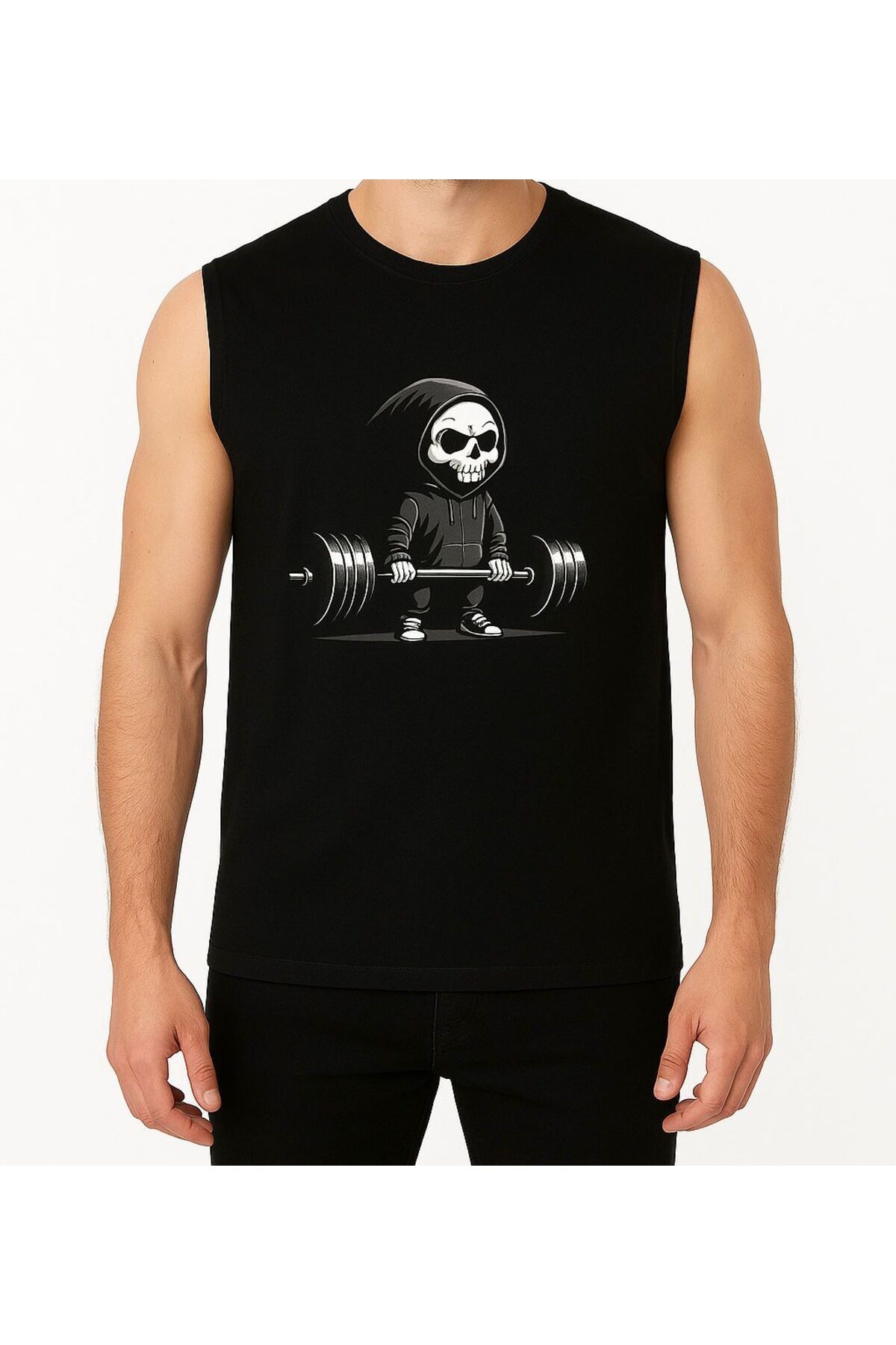 MİHALİÇ Ağırlık Kaldıran İskelet Baskılı Erkek Kolsuz T-shirt