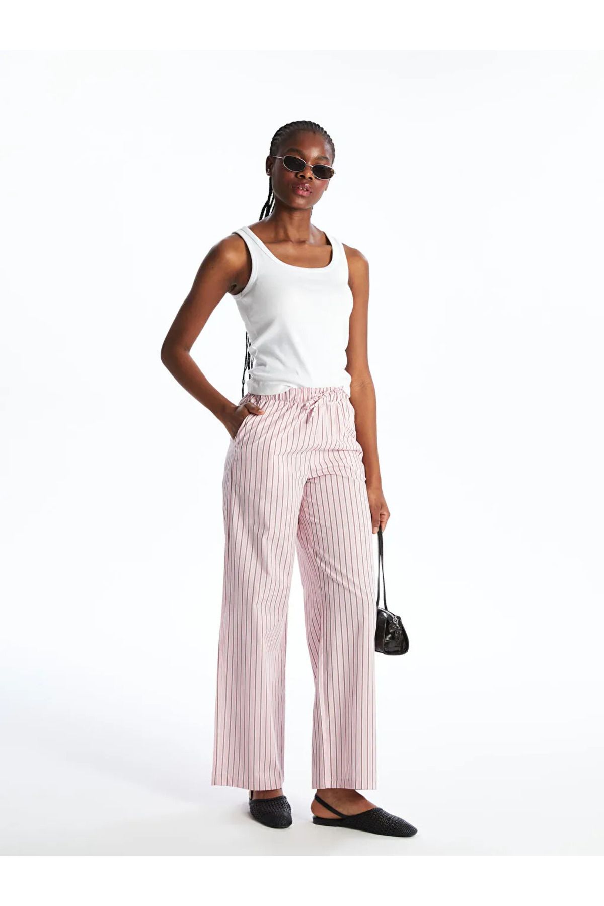 LC Waikiki XSIDE Pembe Beli Lastikli Çizgili Poplin Kadın Pantolon