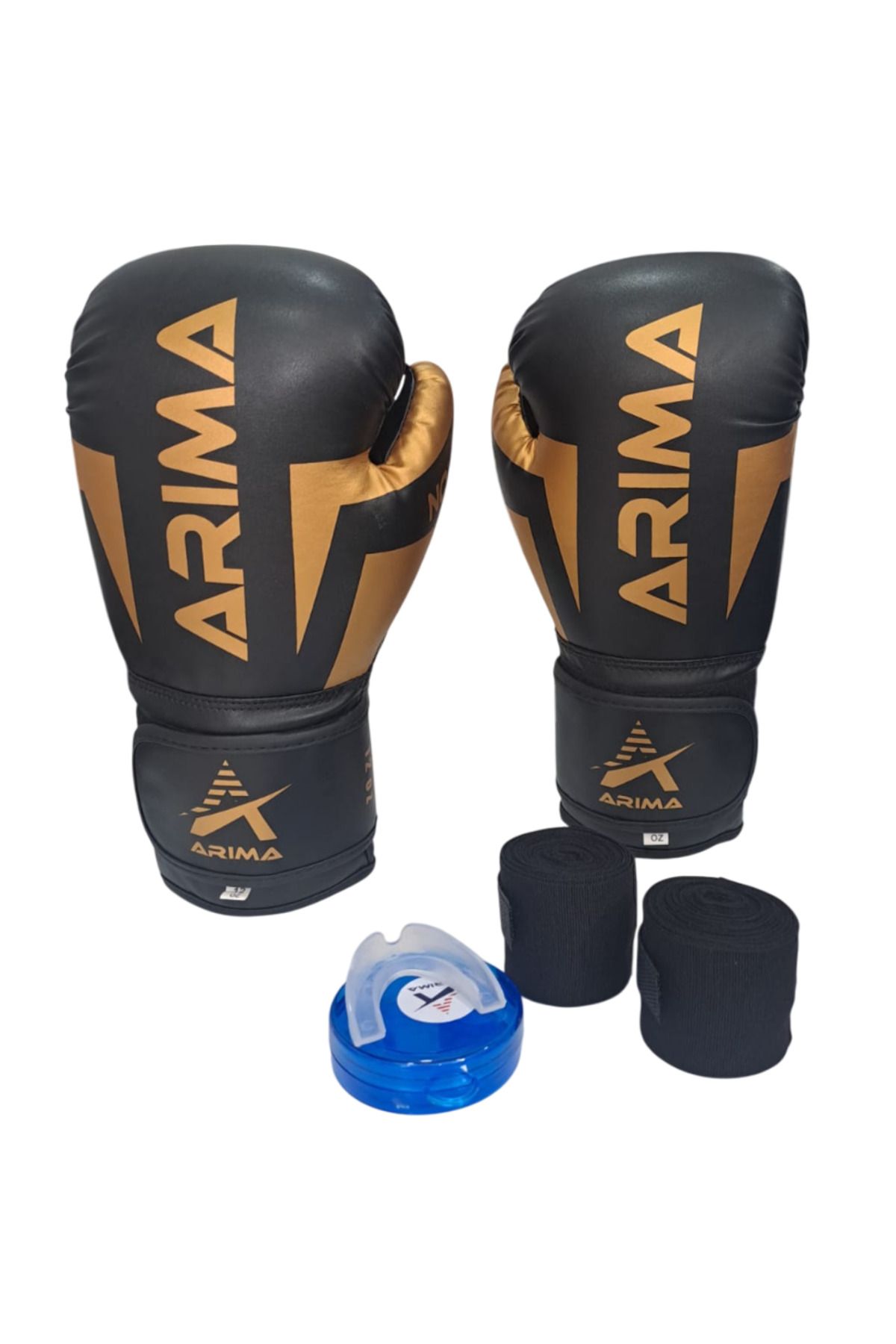 ARIMA Nova-4 Boks Eldiveni Siyah-Gold (8oz-10oz-120z) + Bandaj + Dişlik 3lü Set