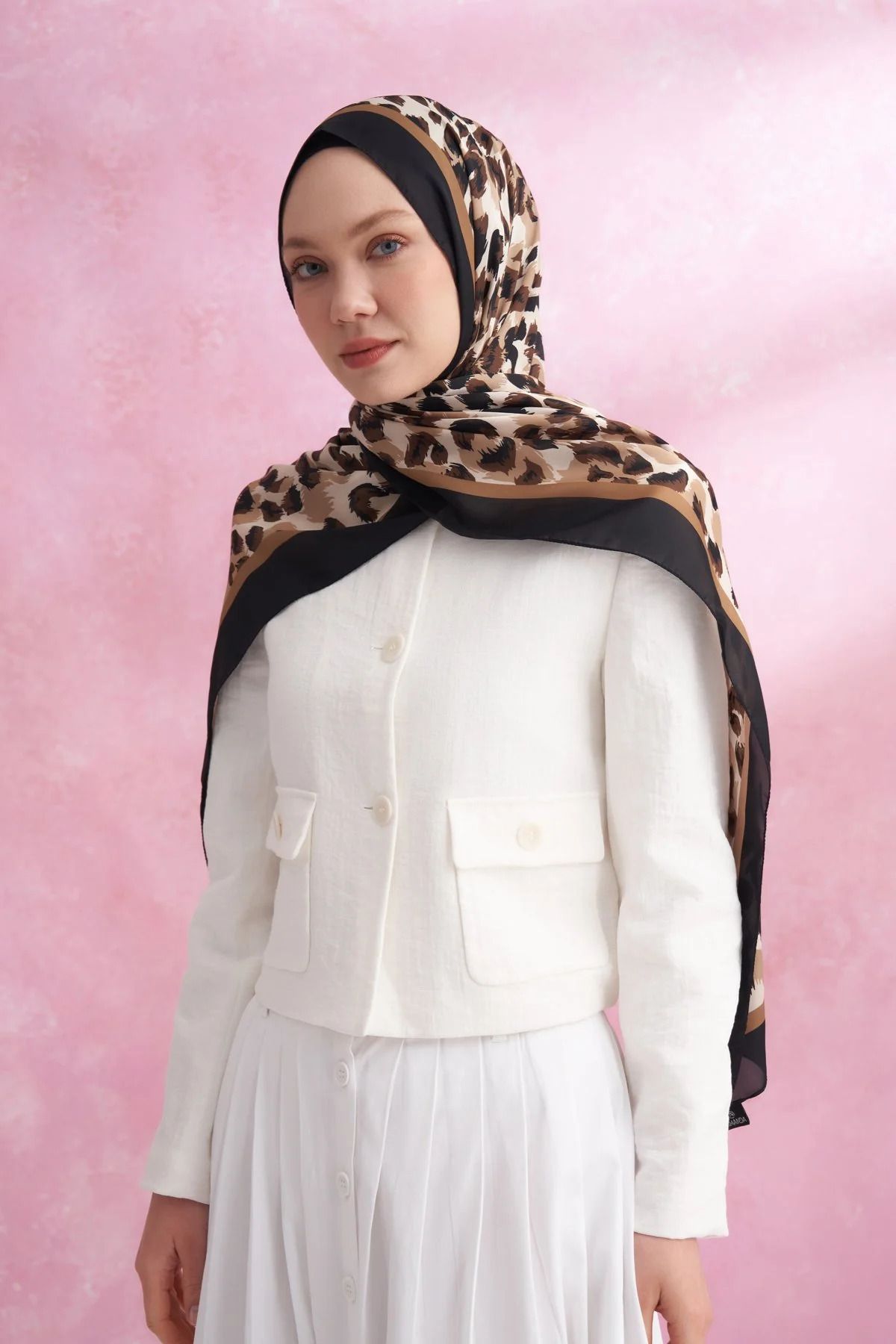 ARMANDA-Leopard Voile Multi Pattern Shawl - Black Camel 2