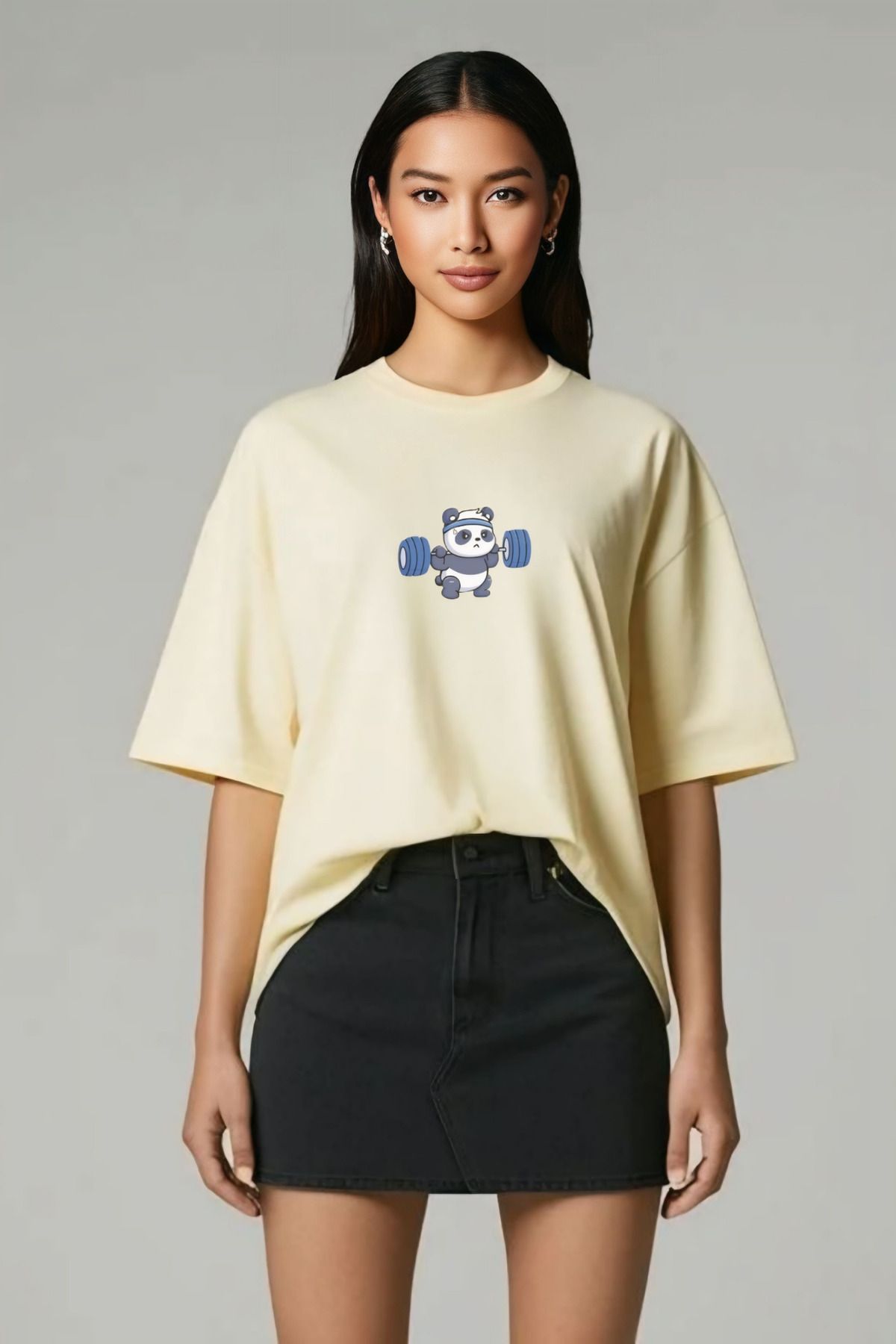 Butik Panda Gym Time Tasarım Baskılı Pamuklu Oversize T-shirt