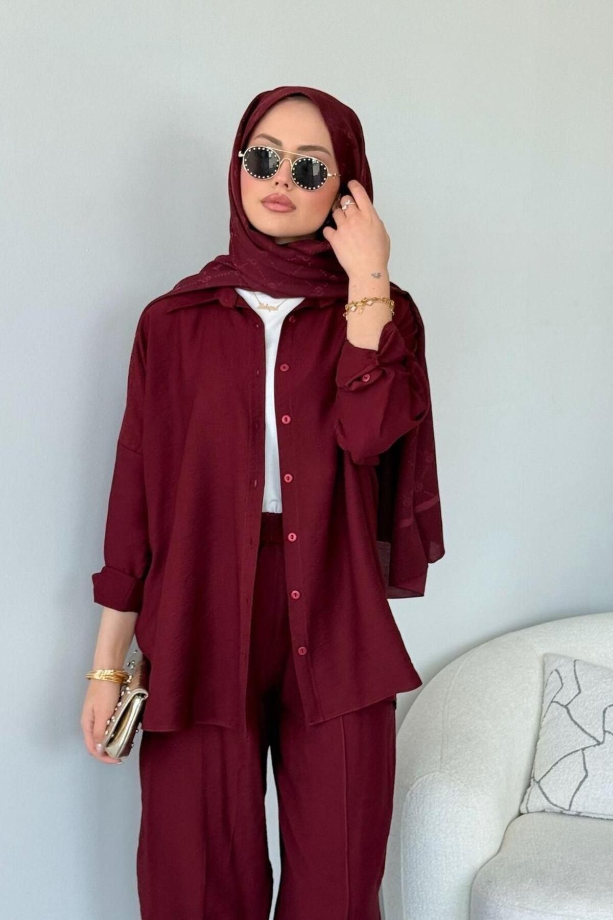 Şulemoda Giyim Pargalı Şalvar Takım Bordo