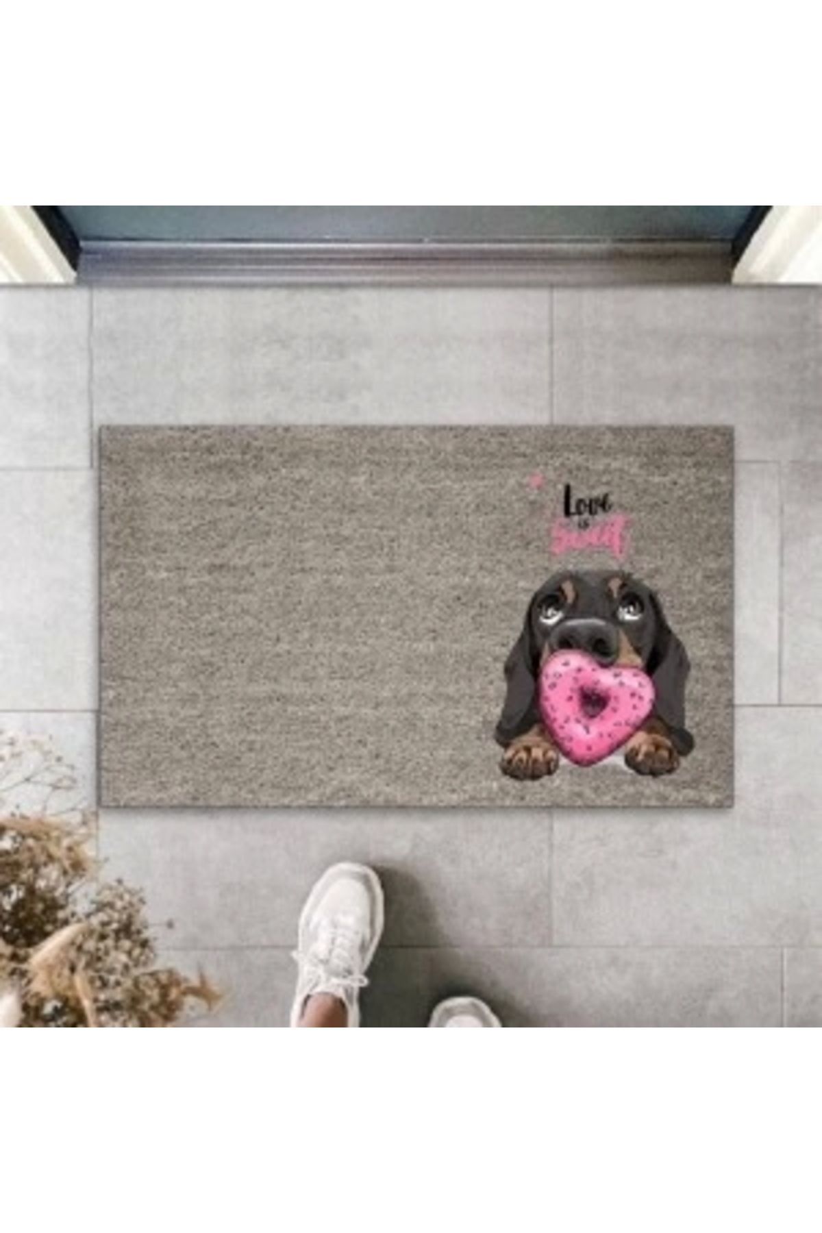 STOREMAX Dijital Baskı Gri Love Sweet Köpekli Dekoratif Kapı Paspası K-2057
