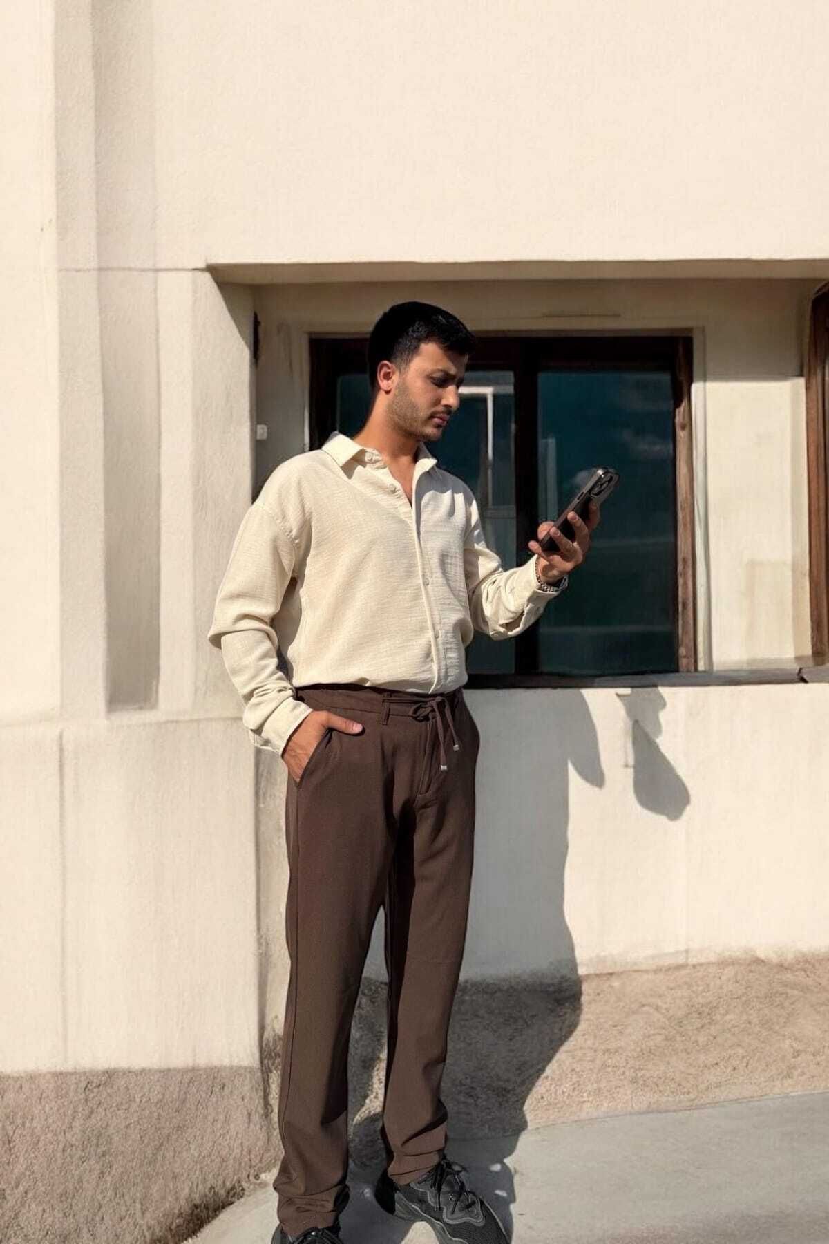 thesunfyre ERKEK Yandan Cepli Beli Lastikli Bağcıklı Rahat Kalıp Kumaş Relaxed Pantolon