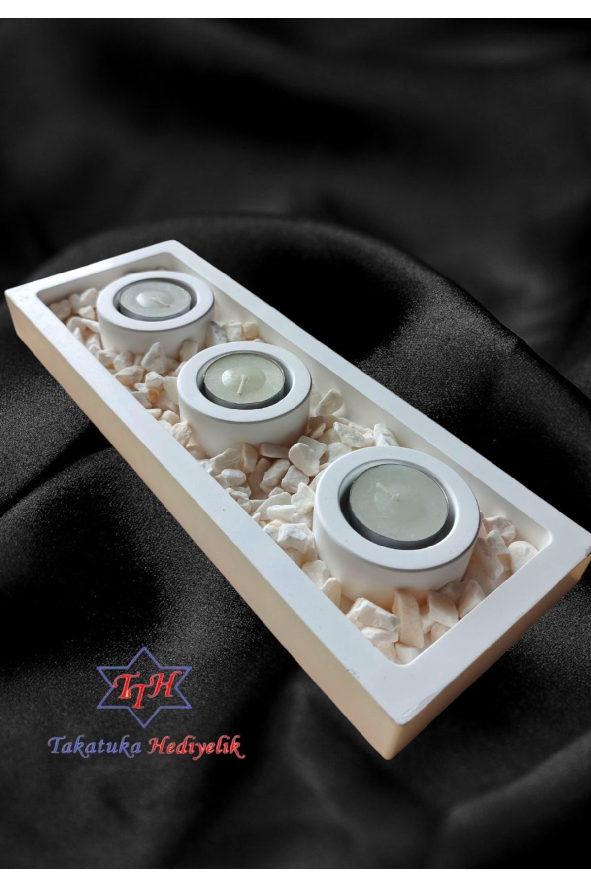 TTH Takatuka Hediyelik 4'Lü Set Beton Tabaklı Mumluk Dolomit Taşlı Tealight Mumluk (MUMLAR DAHİLDİR) ( 23x10 cm )