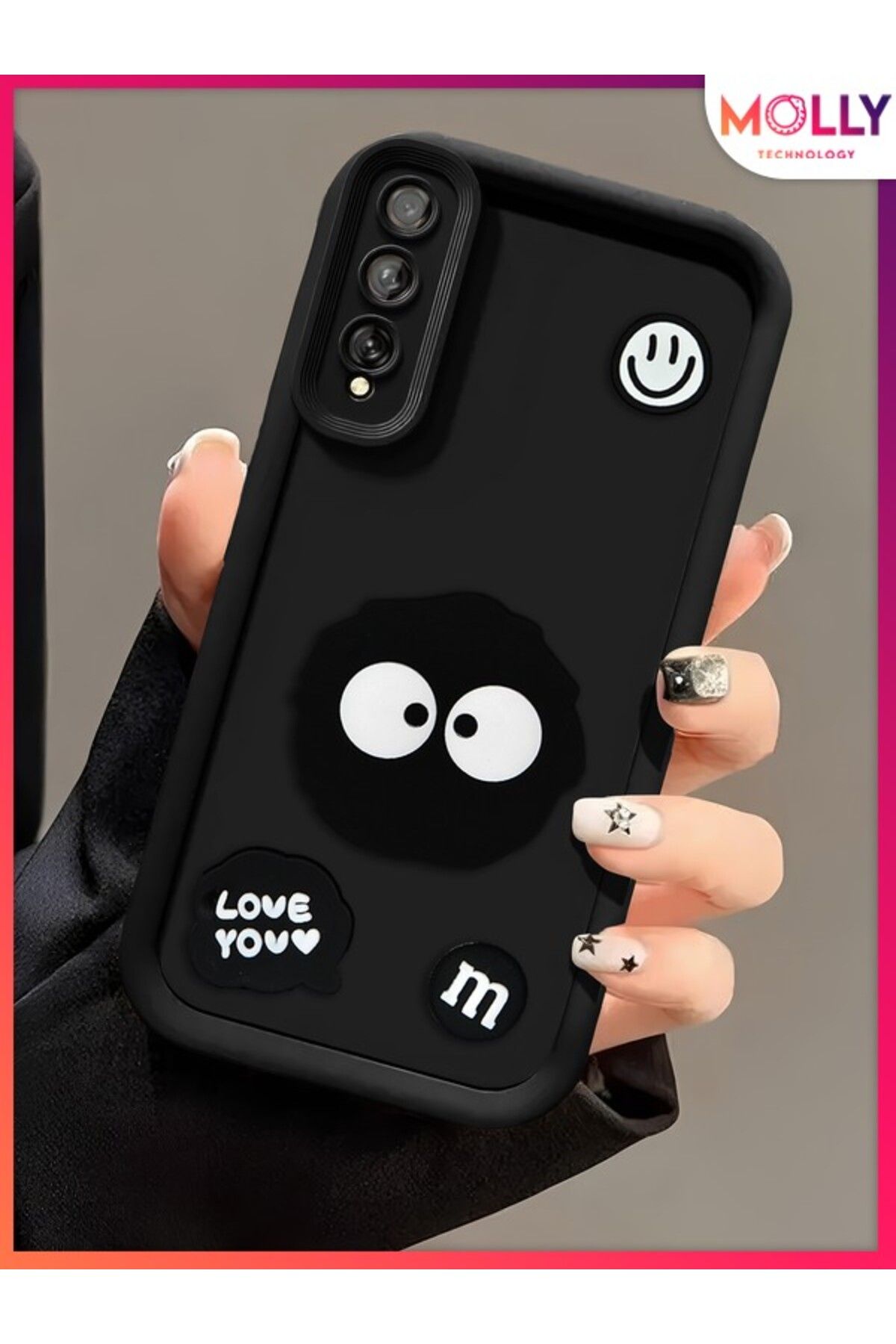Molly Samsung Galaxy A50 İçin Siyah Kenarları Kalın 3d Kabartmalı Cute Doodle Silikon Kılıf
