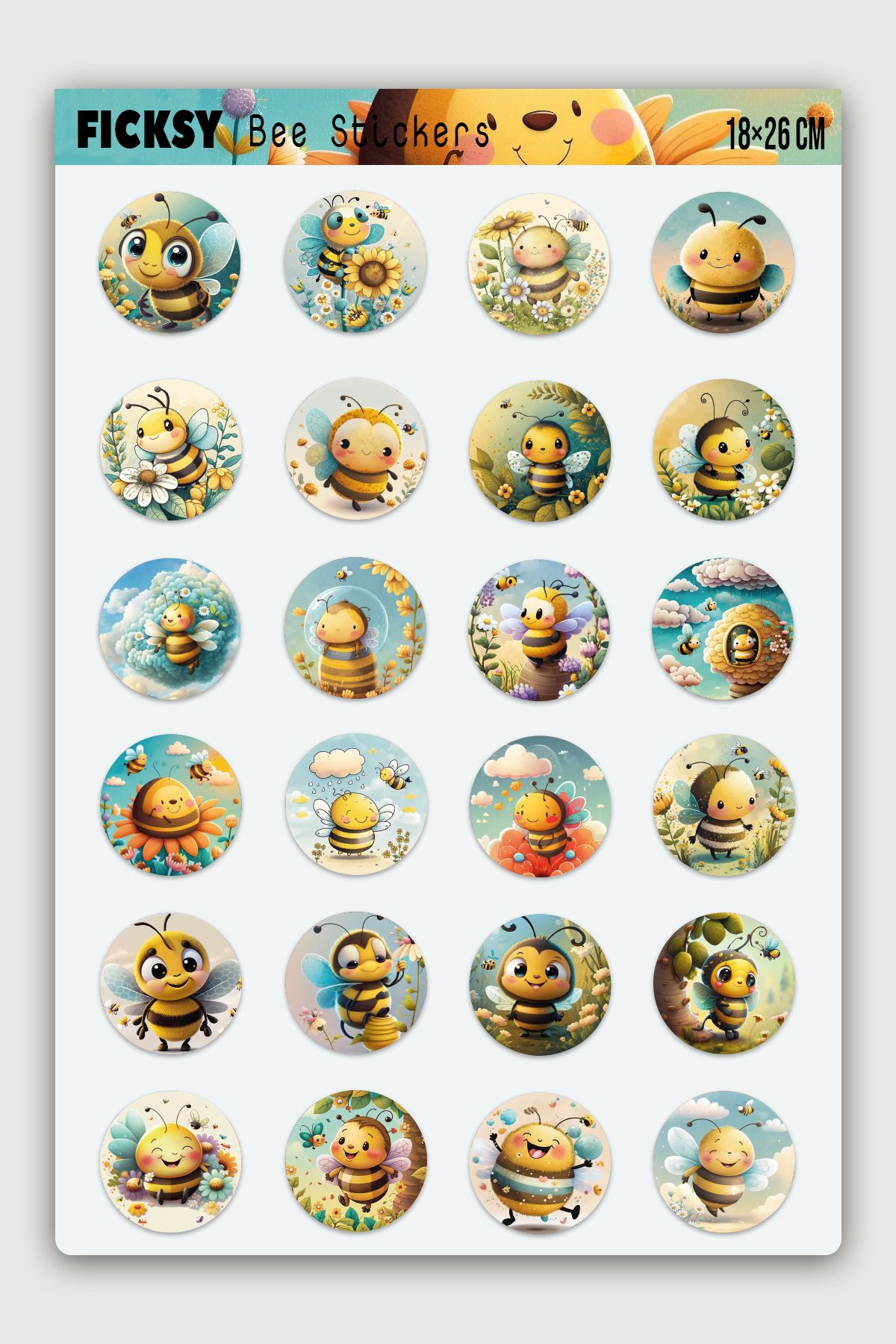 Ficksy Sevimli Arı Sticker Seti - 24 Adet Yuvarlak Etiket Çıkartma