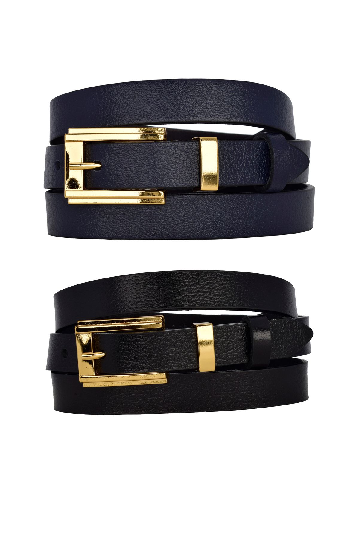 GoDeri-100% Genuine Leather Set of 2 Gold Color Set Buckle 2cm Women's Belt Navy Blue, Black_ Big_Gold 7