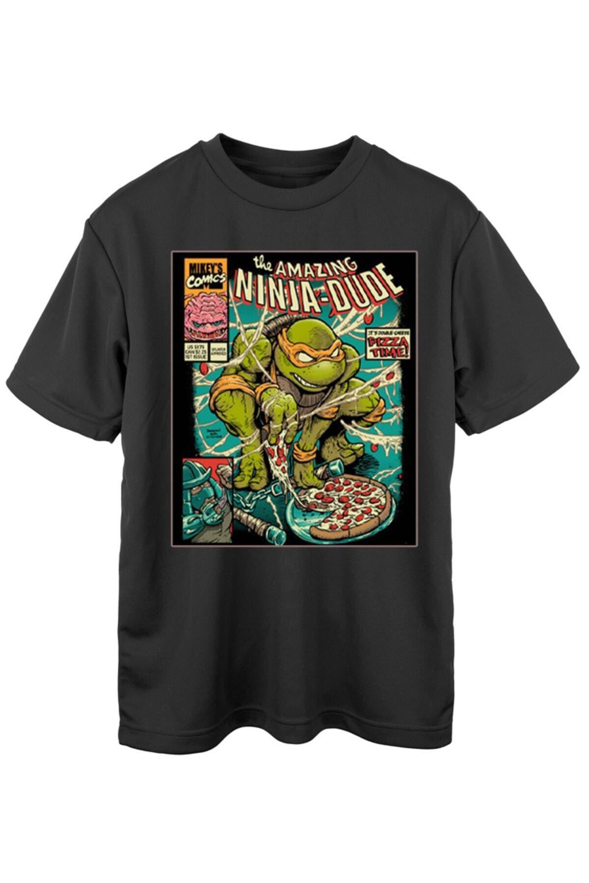 ACTIVE MODA Siyah Oversize Unisex %100 Pamuklu Bisiklet Yaka Ninja Turtles Baskılı Kısa Kollu T-shirt