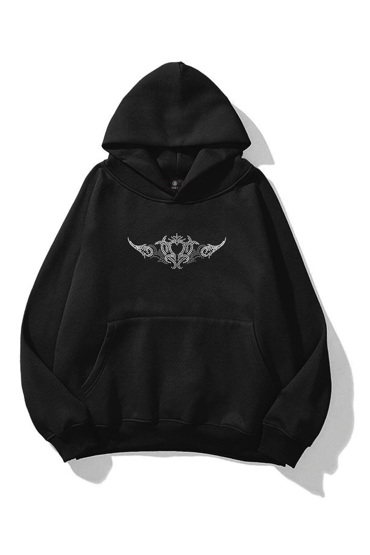 Boi Unisex Punk Gothic Taş Baskılı Sweatshirt Siyah