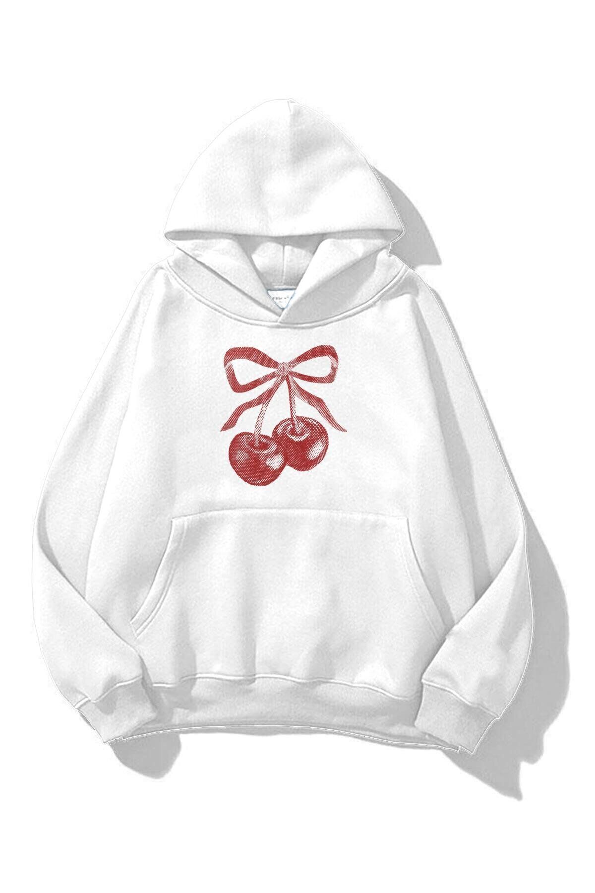 Boi Unisex Kiraz Kurdele Tram Sweatshirt Beyaz
