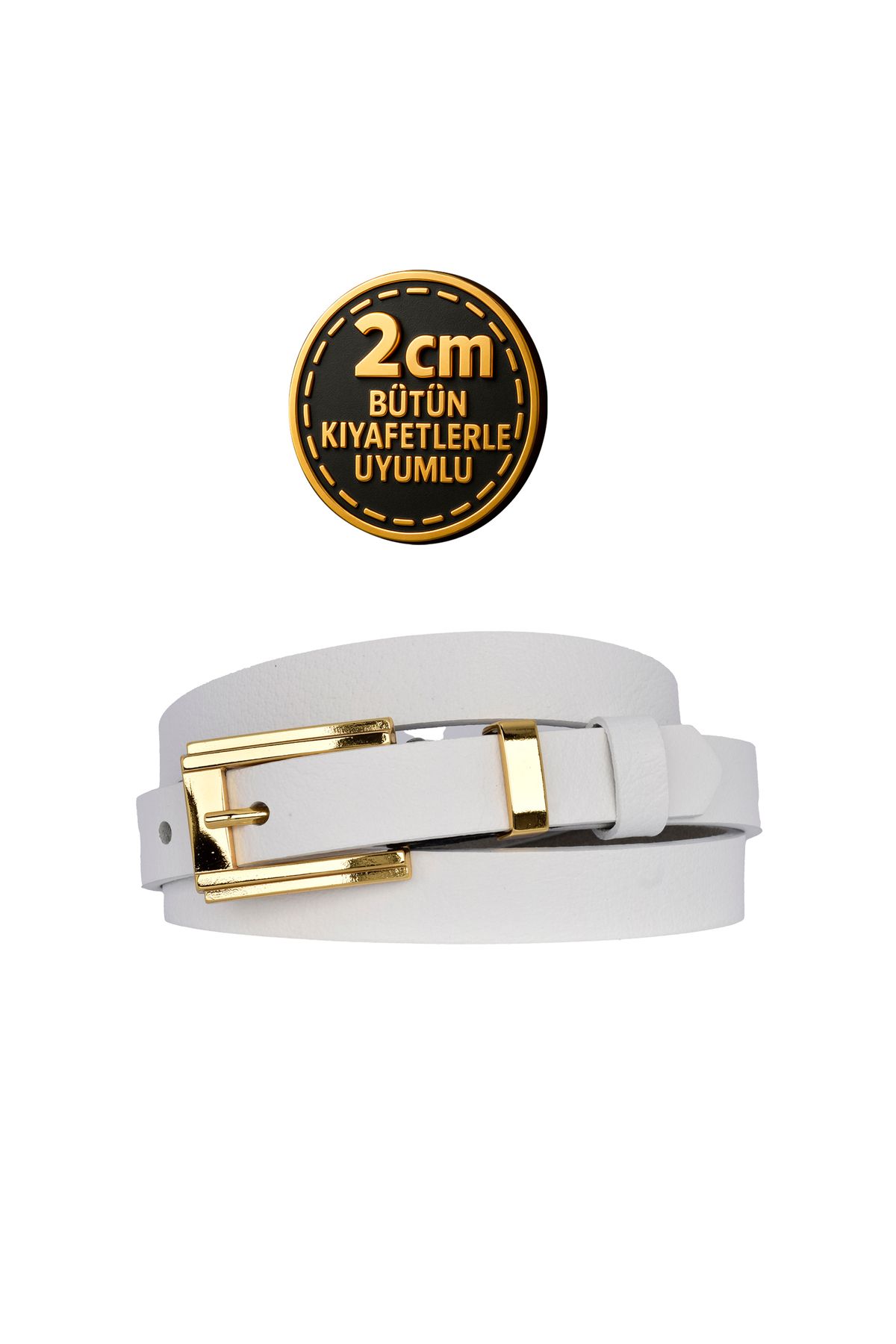 GoDeri %100 Hakiki Deri Gold Renk Takım Köprülü Beyaz Kadın Kemeri 2cm Bütün Kıyafetlere Uyar_BYK-gold