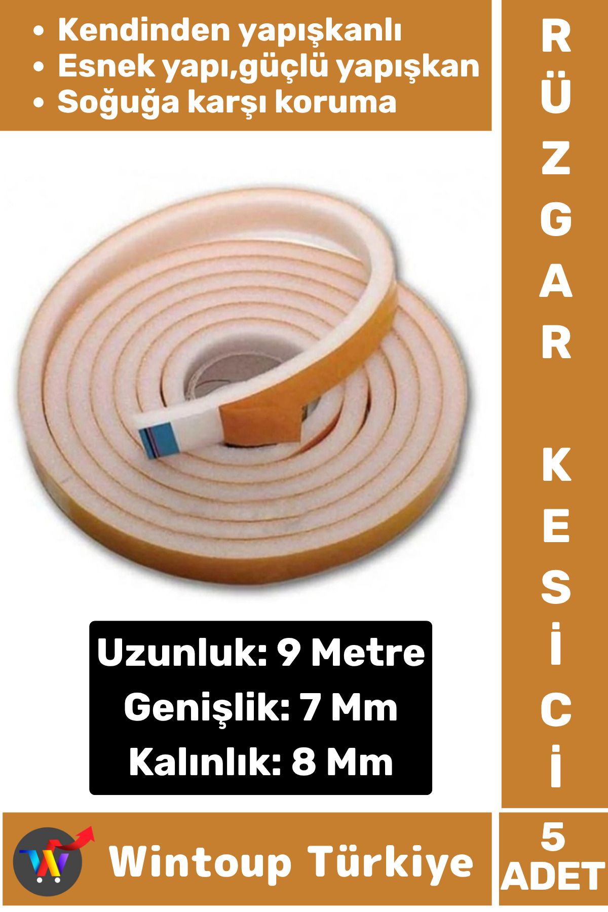 Wintoup Premium Yapışkanlı Pencere İzolasyon Bantı Rüzgar Soğuk Kesici Cam Yalıtım Süngeri 9 Metre X 5 Adet