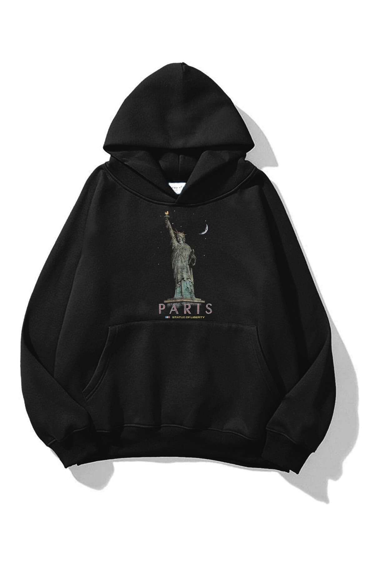 Boi Unisex Paris Statue Sweatshirt Siyah