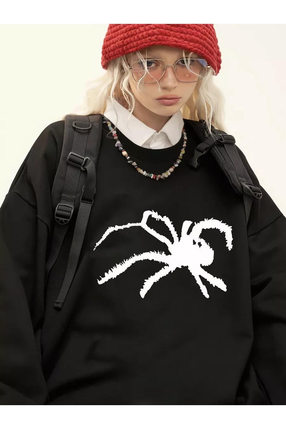 Boi Unisex Spider Bisiklet Yaka Sweatshirt Siyah
