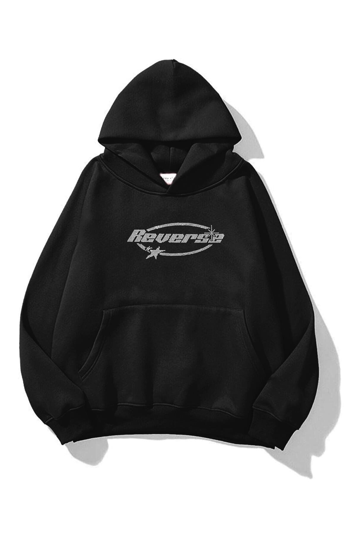 Boi Unisex Reverse Taş Baskılı Sweatshirt Siyah