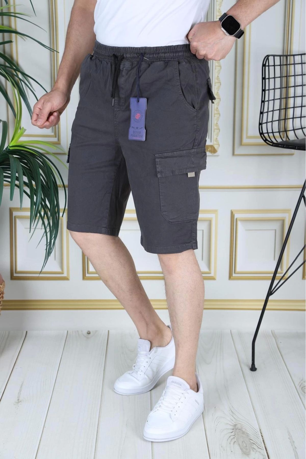 PHANTOM JEANS Erkek Füme Likralı Gabardin Şort Kargo Cepli Pamuklu Beli Lastikli Bağcıklı Basic Şort