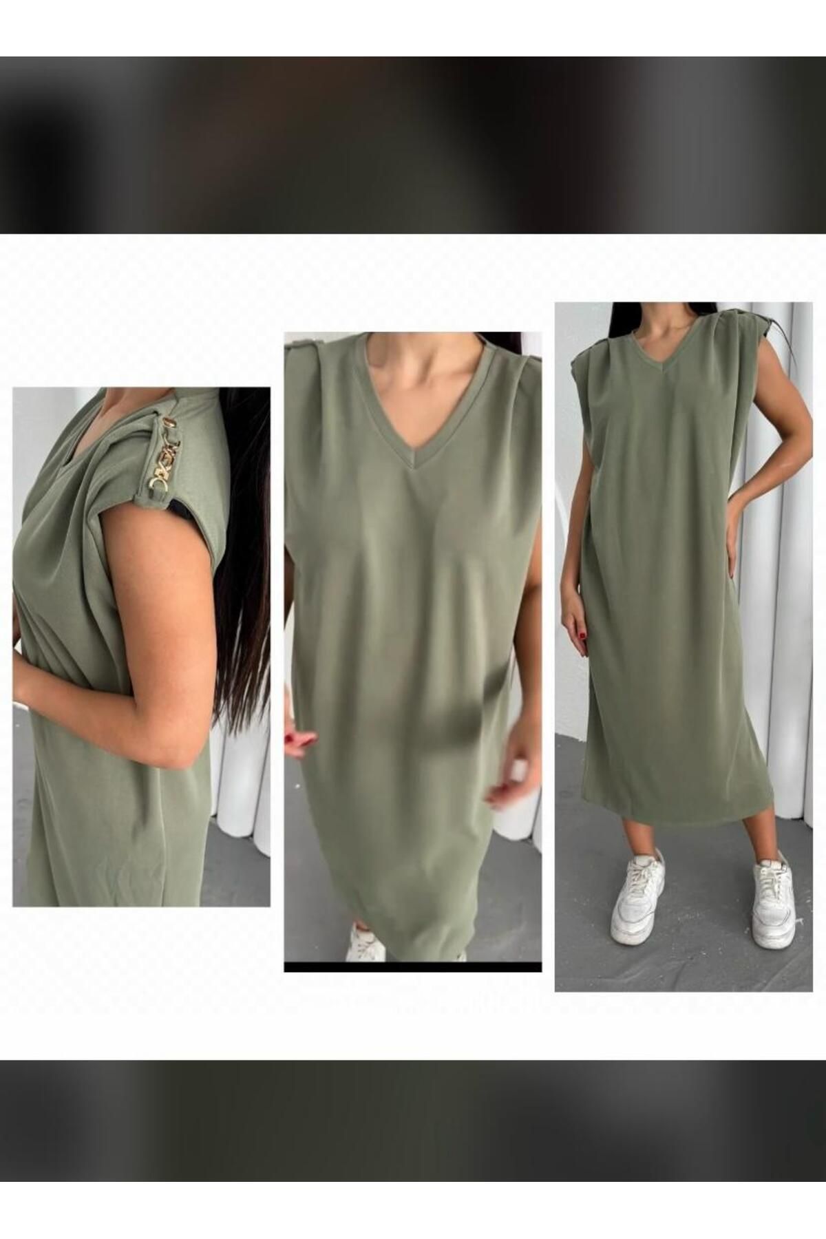 fatma keskin linna butik Kadın Yağ Yeşili Modal Kumaş Apoletli Elbise