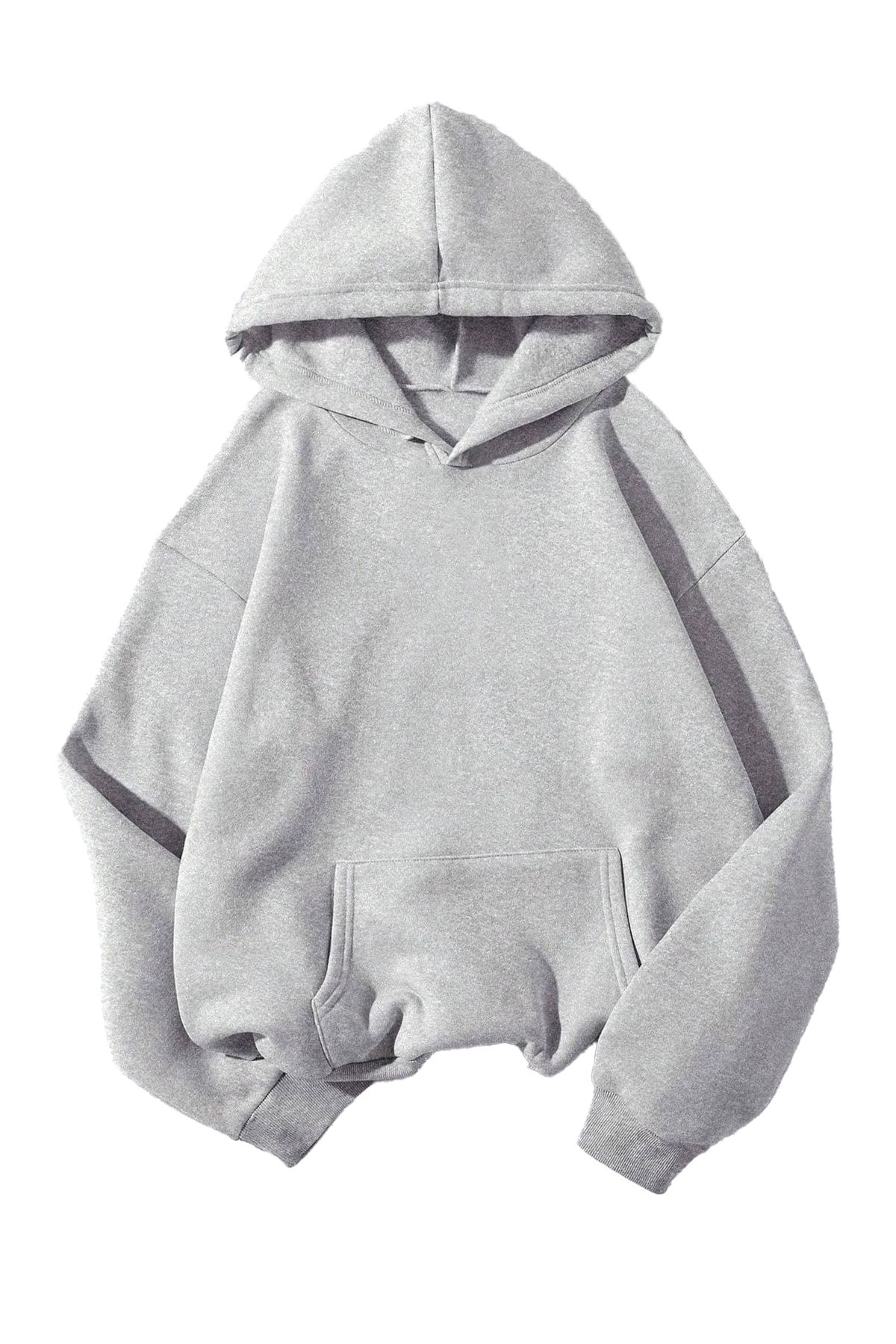 Boi Basic Düz Sweatshirt - Gri Oversize Sweatshirt Kapüşonlu