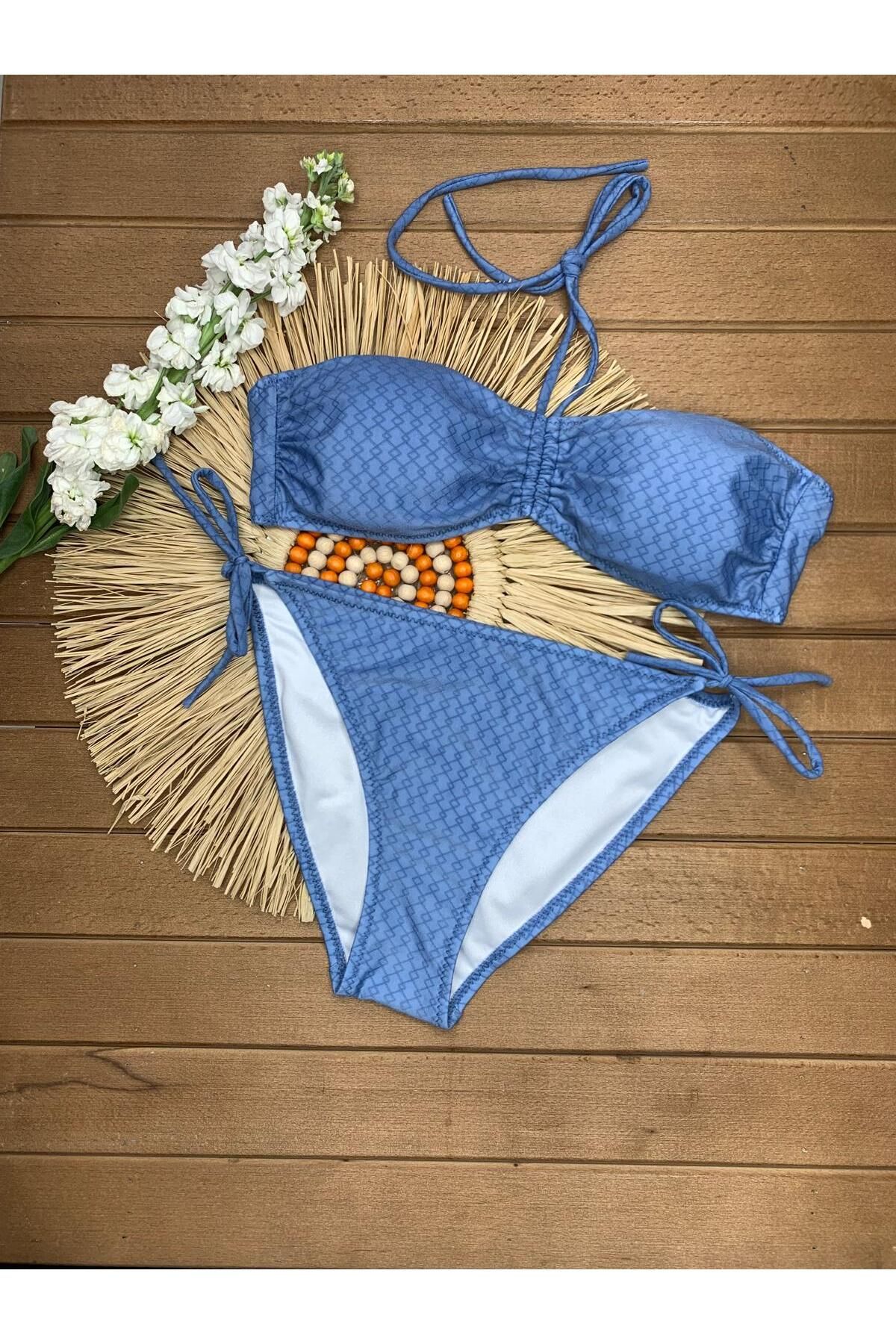 XORVİO Kadın Açık Mavi Likralı Esnek Boyundan Bağlamalı Straplez Şık Kaliteli Büzgü Ayarlı Bikini Takım