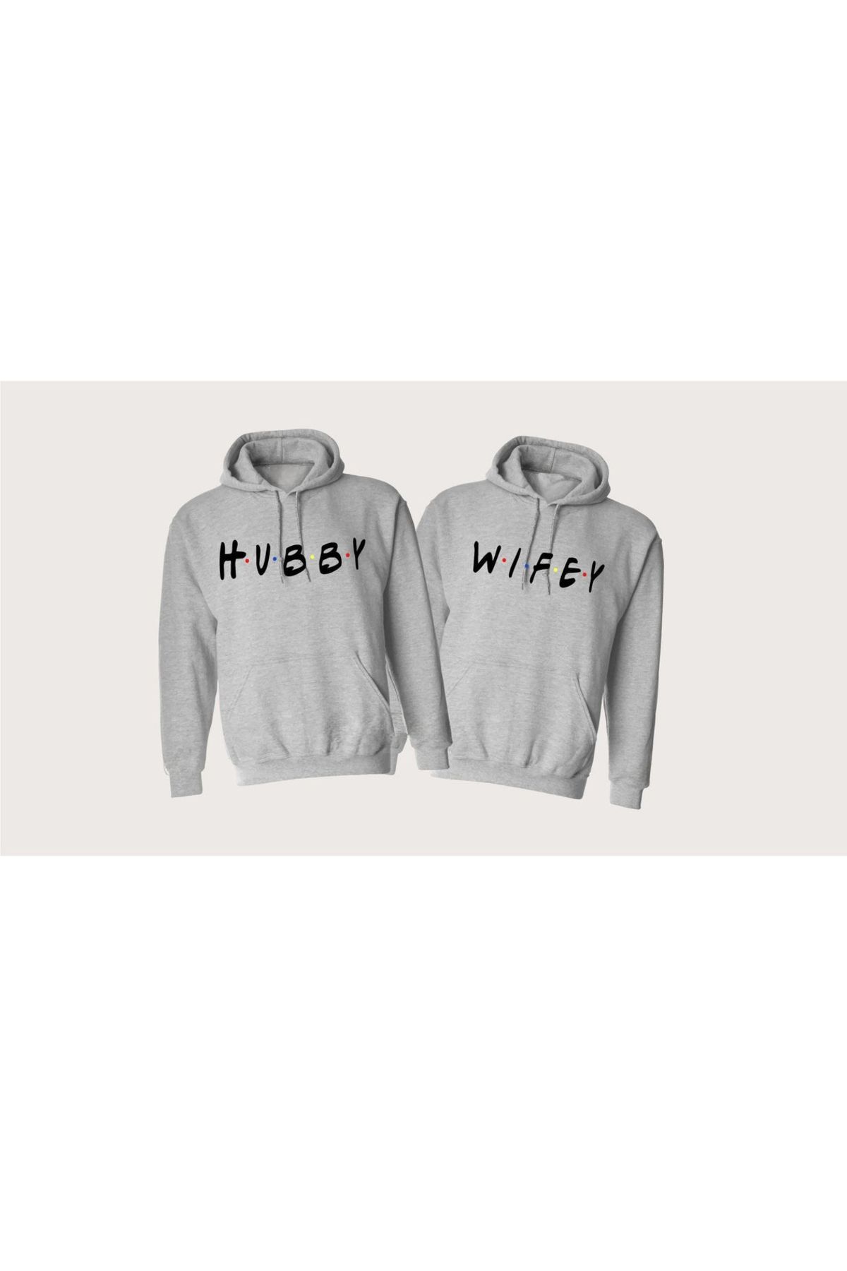 Boi Hubbey Wifey Sevgili Çift Kombin - Gri Baskılı Oversize Kapüşonlu Sweatshirt