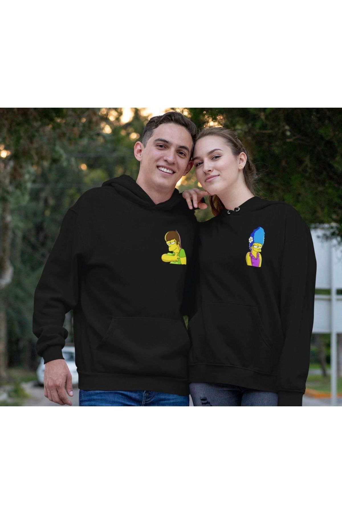 Boi Homer Marge Sevgili Çift Kombin - Siyah Baskılı Oversize Kapüşonlu Sweatshirt