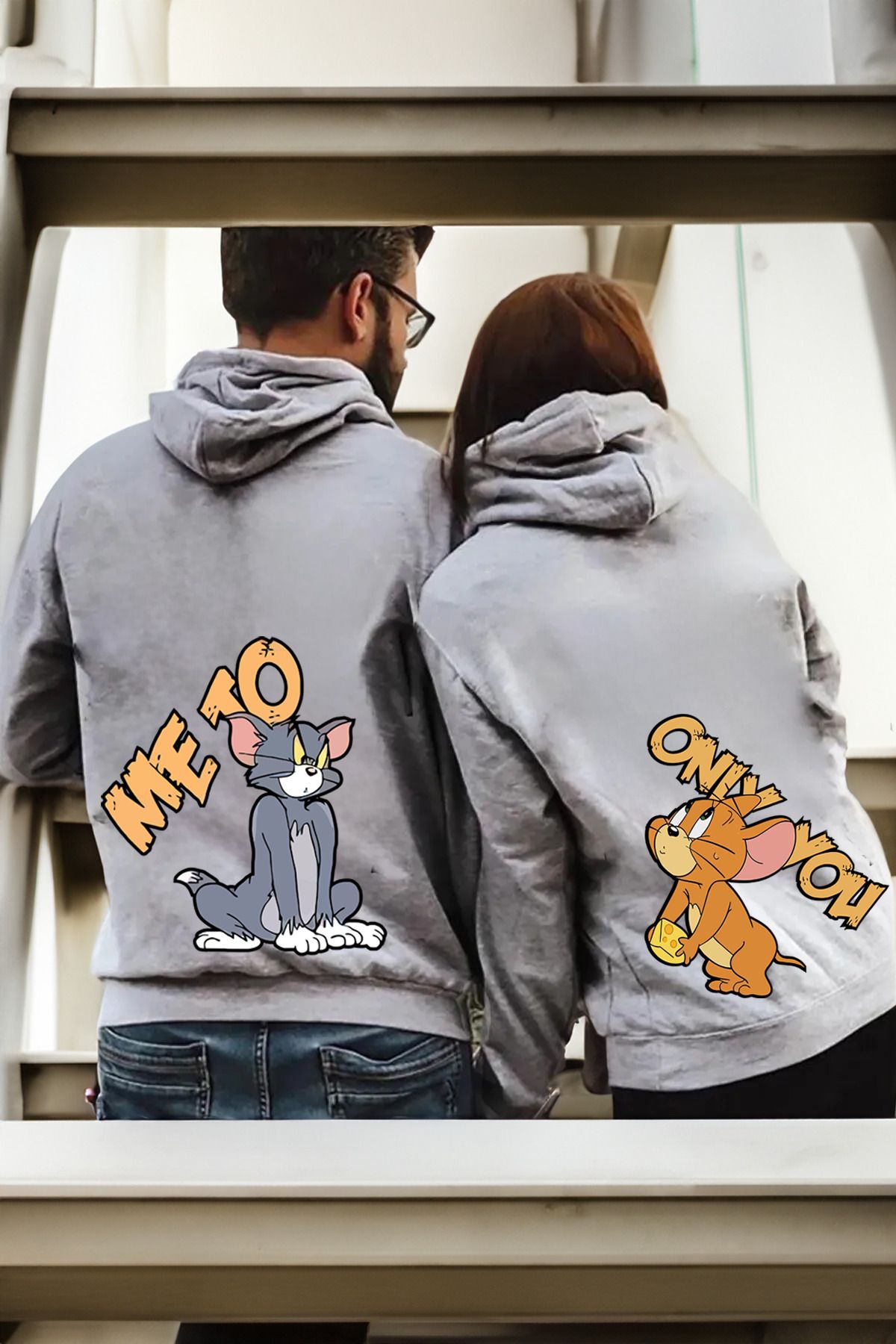 Boi Tom Ve Jerry Me To Only You Sevgili Çift Kombin - Gri Baskılı Oversize Kapüşonlu Sweatshirt