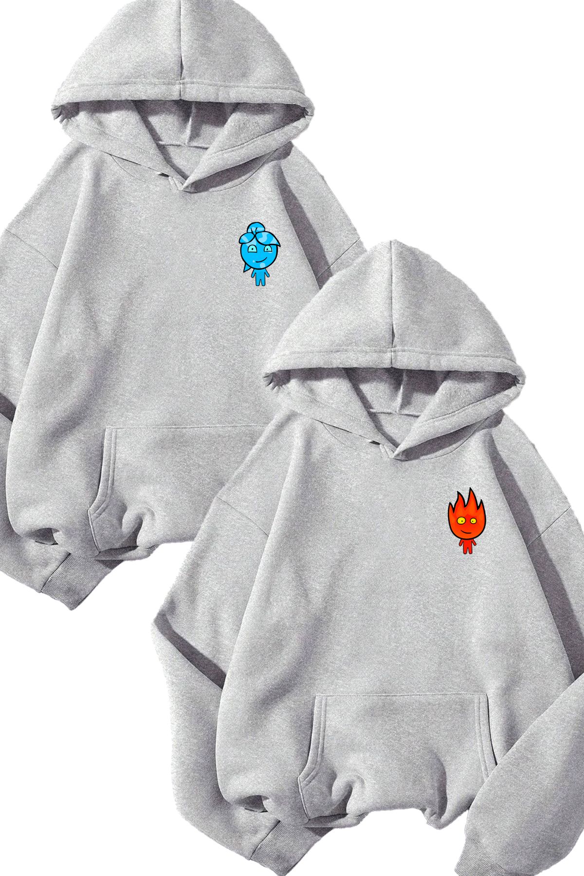 Boi 2'Li Ateş Ve Su Sweatshirt - Gri Baskılı Oversize Sweatshirt Kapüşonlu