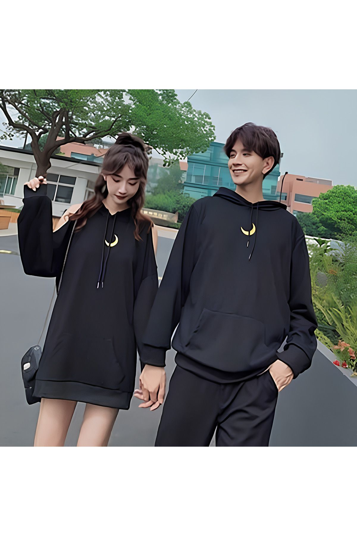 Boi Moon Sevgili Çift Kombin Sweatshirt - Siyah Baskılı Oversize Kapüşonlu