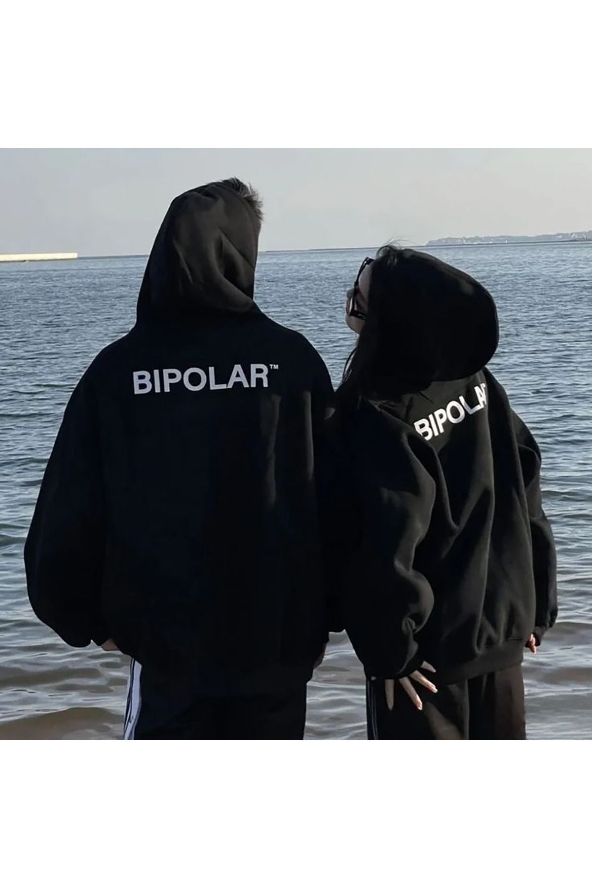 Boi Bipolar Sevgili Çift Kombin Sweatshirt - Siyah Baskılı Oversize Kapüşonlu