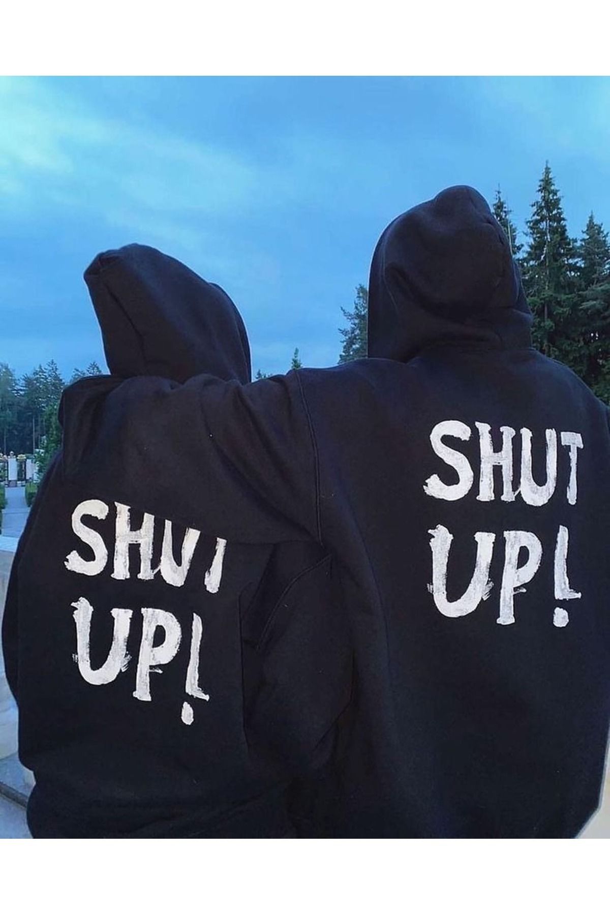 Boi Shut Up Çift Kombin - Siyah Baskılı Oversize Kapüşonlu Sweatshirt