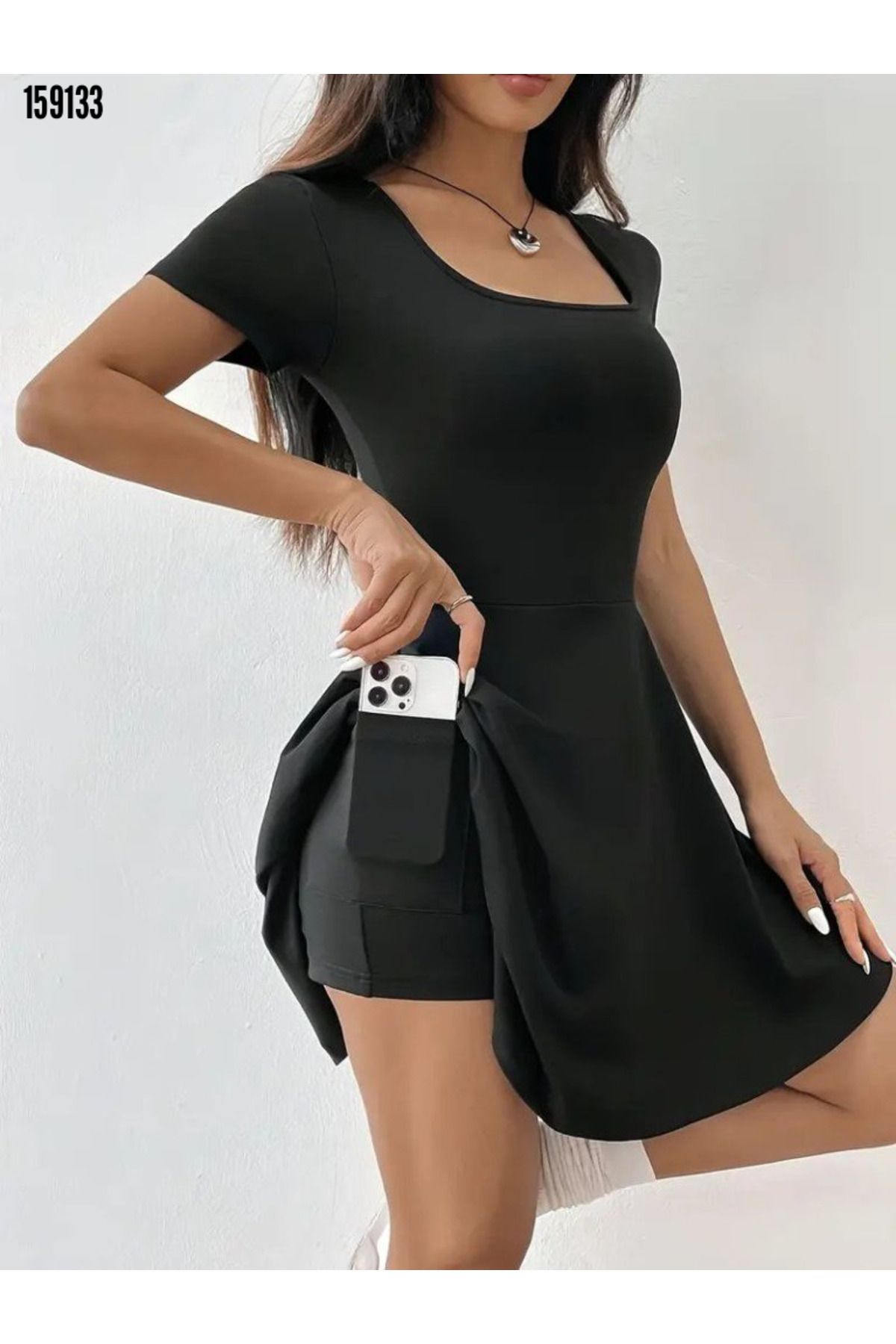 BZ Boutique Kısa Kollu Kare Yaka Şortlu Cepli Büyük Beden Dalgıç Elbise 159361