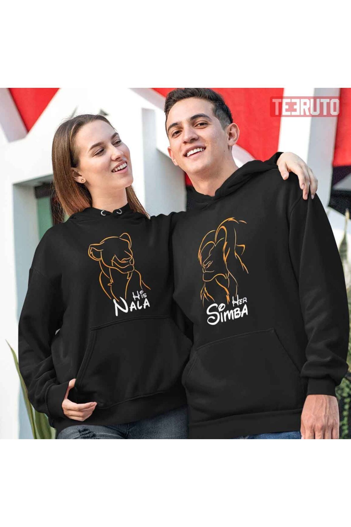 Boi His Nala Her Simba Çift Kombin - Siyah Baskılı Oversize Kapüşonlu Sweatshirt