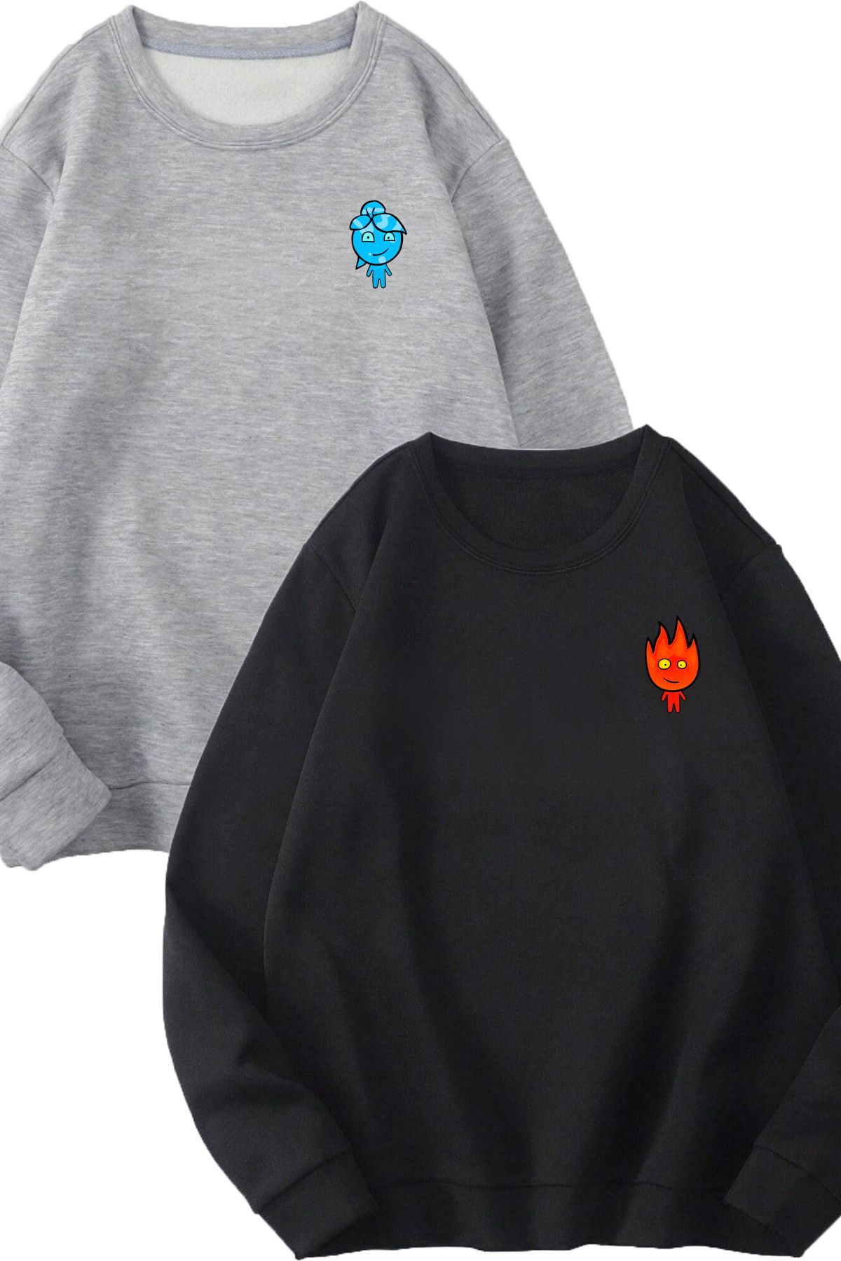 Boi 2'Li Ateş Ve Su Sweatshirt - Gri Siyah Baskılı Oversize Sweatshirt Bisiklet Yaka