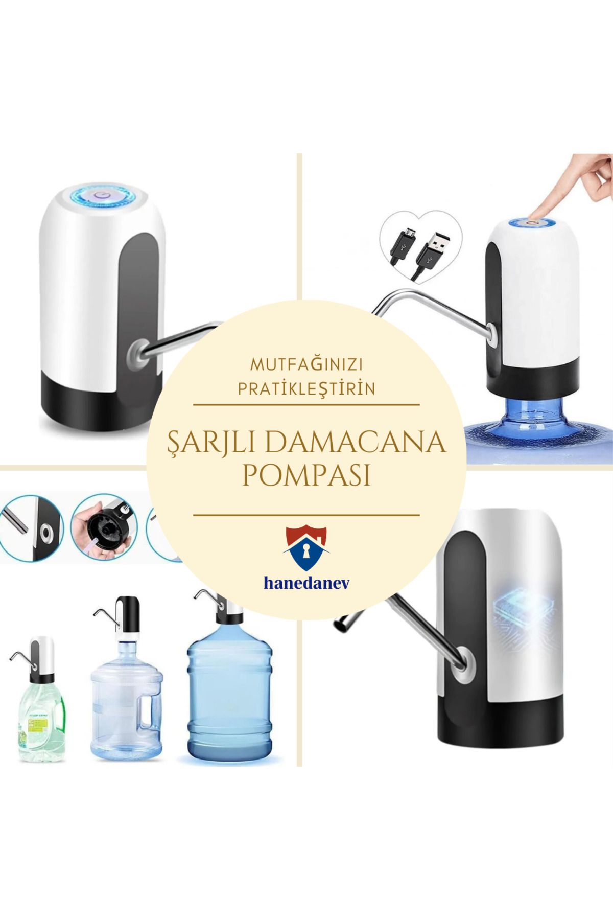 Hanedanev Hızlı Ve Sessiz Damacana Pompası Usb Şarjlı Ve Otomatik Dakikada 1.8 Litre Su Çıkışı