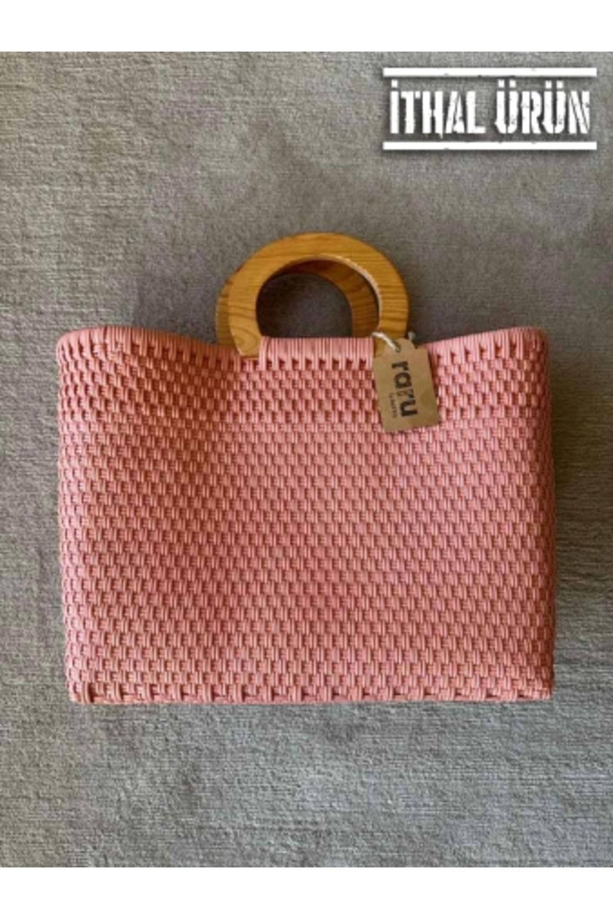 raru Meksika Yapımı Tahta Saplı El Örgüsü Plastik Çanta SOMON