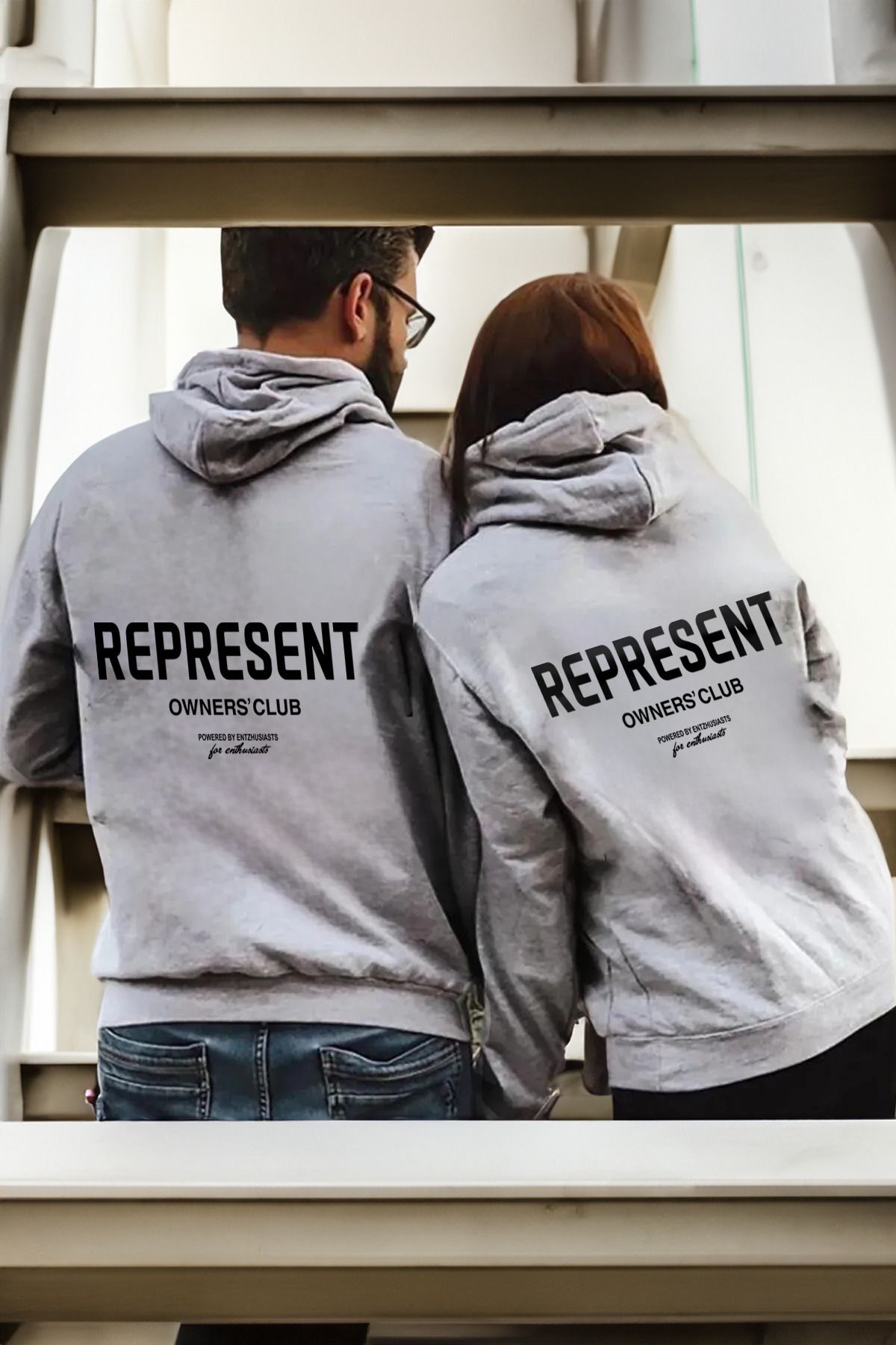 Boi Represent Sevgili Çift Kombin - Gri Baskılı Oversize Kapüşonlu Sweatshirt