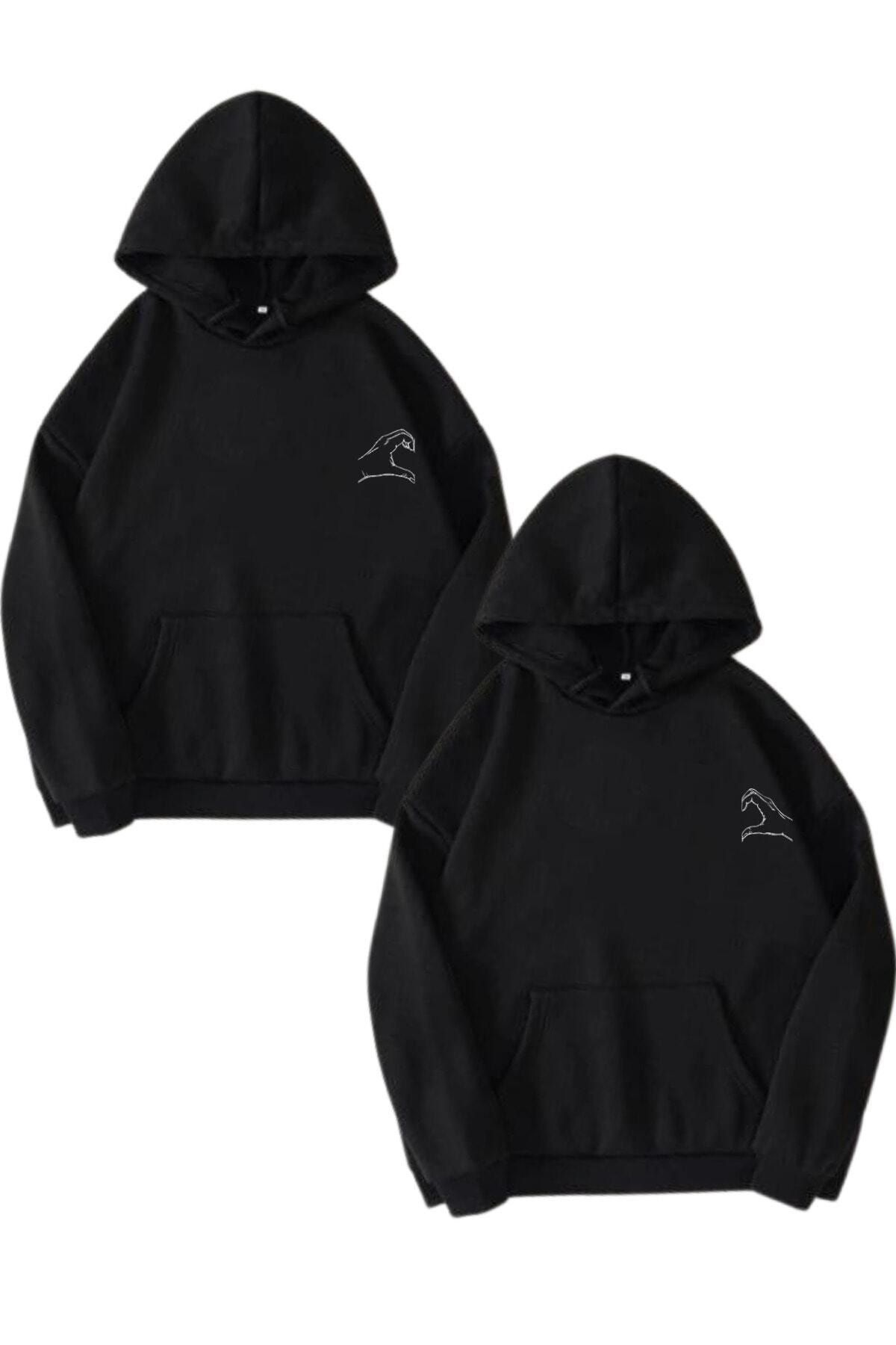 Boi El Kalp Sevgili Çift Kombin - Siyah Baskılı Oversize Kapüşonlu Sweatshirt