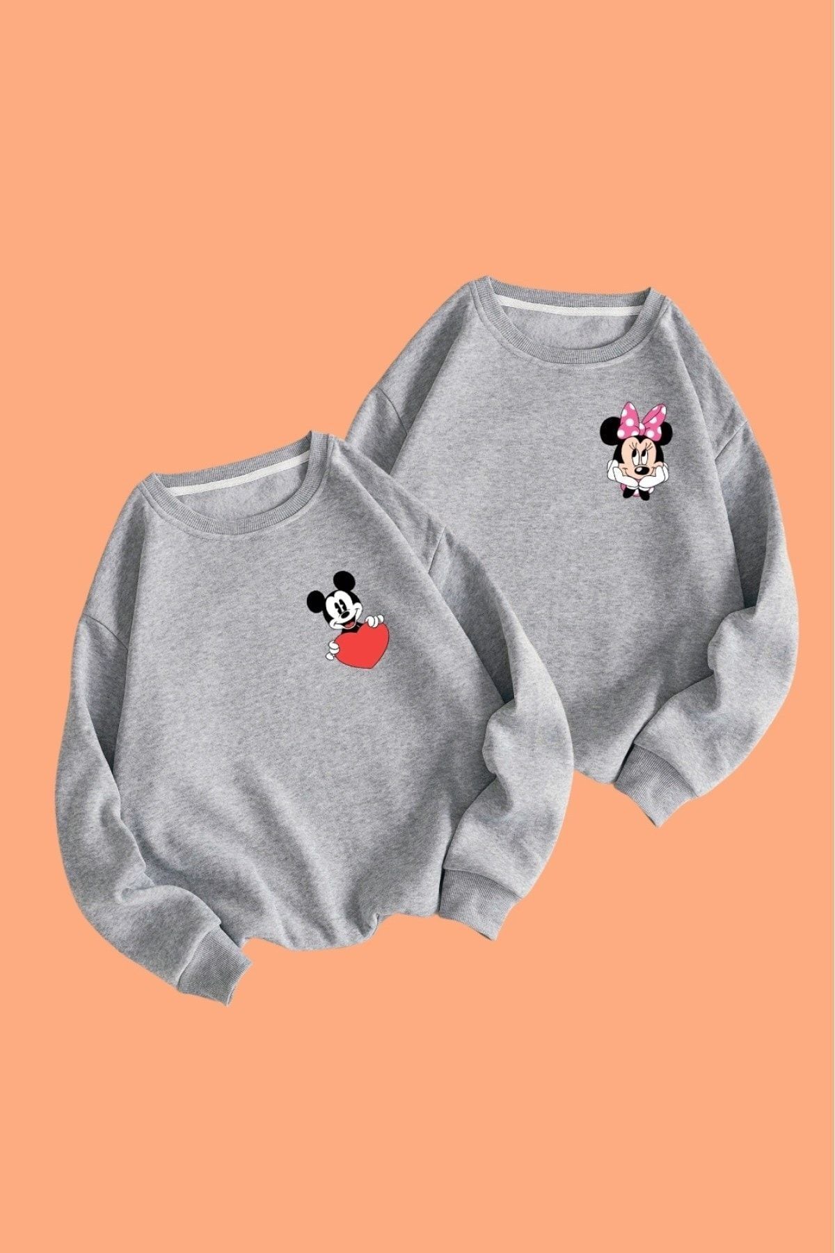 Boi Mickey Minnie Mouse Kalp Sevgili Çift Kombin - Gri Baskılı Oversize Bisiklet Yaka Sweatshirt