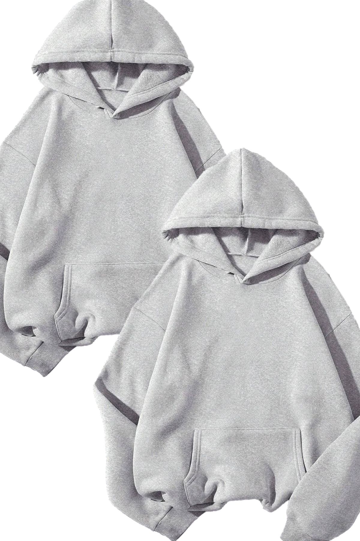 Boi 2'Li Basic Düz Sweatshirt - Gri Oversize Sweatshirt Kapüşonlu