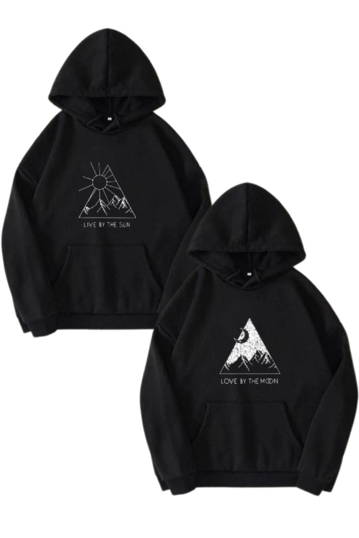 Boi Live Sun Love Moon Sevgili Çift Kombin - Siyah Baskılı Oversize Kapüşonlu Sweatshirt