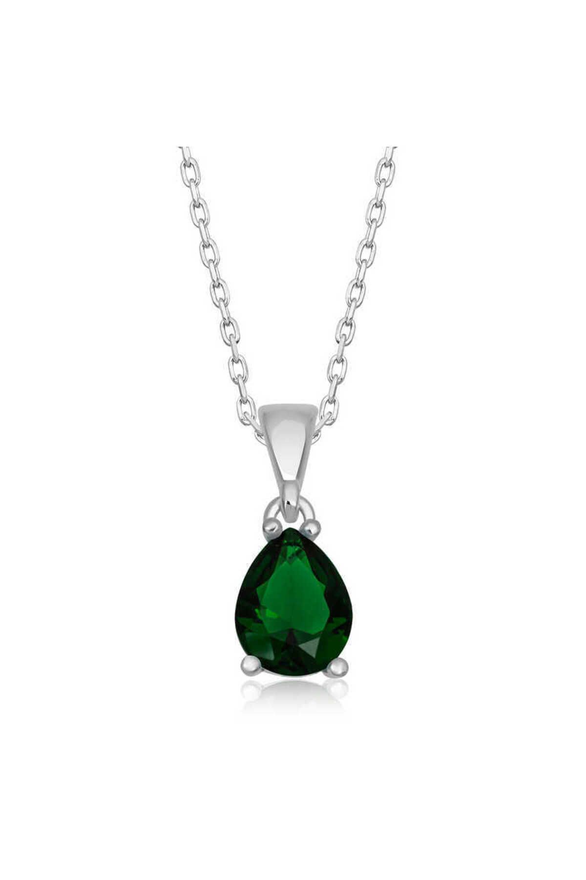 SANSERA 925 Ayar Gümüş Yeşil Kristal Damla Taşlı Kadın Gümüş Kolye