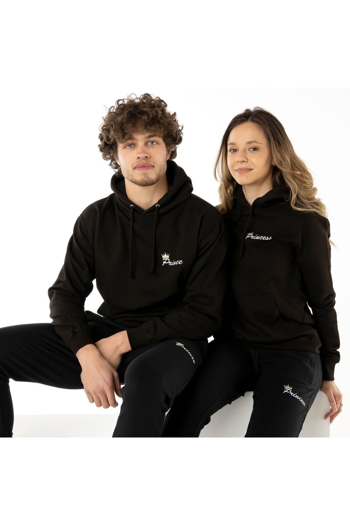 Boi Prince Princess Sevgili Çift Kombin - Siyah Baskılı Oversize Kapüşonlu Sweatshirt