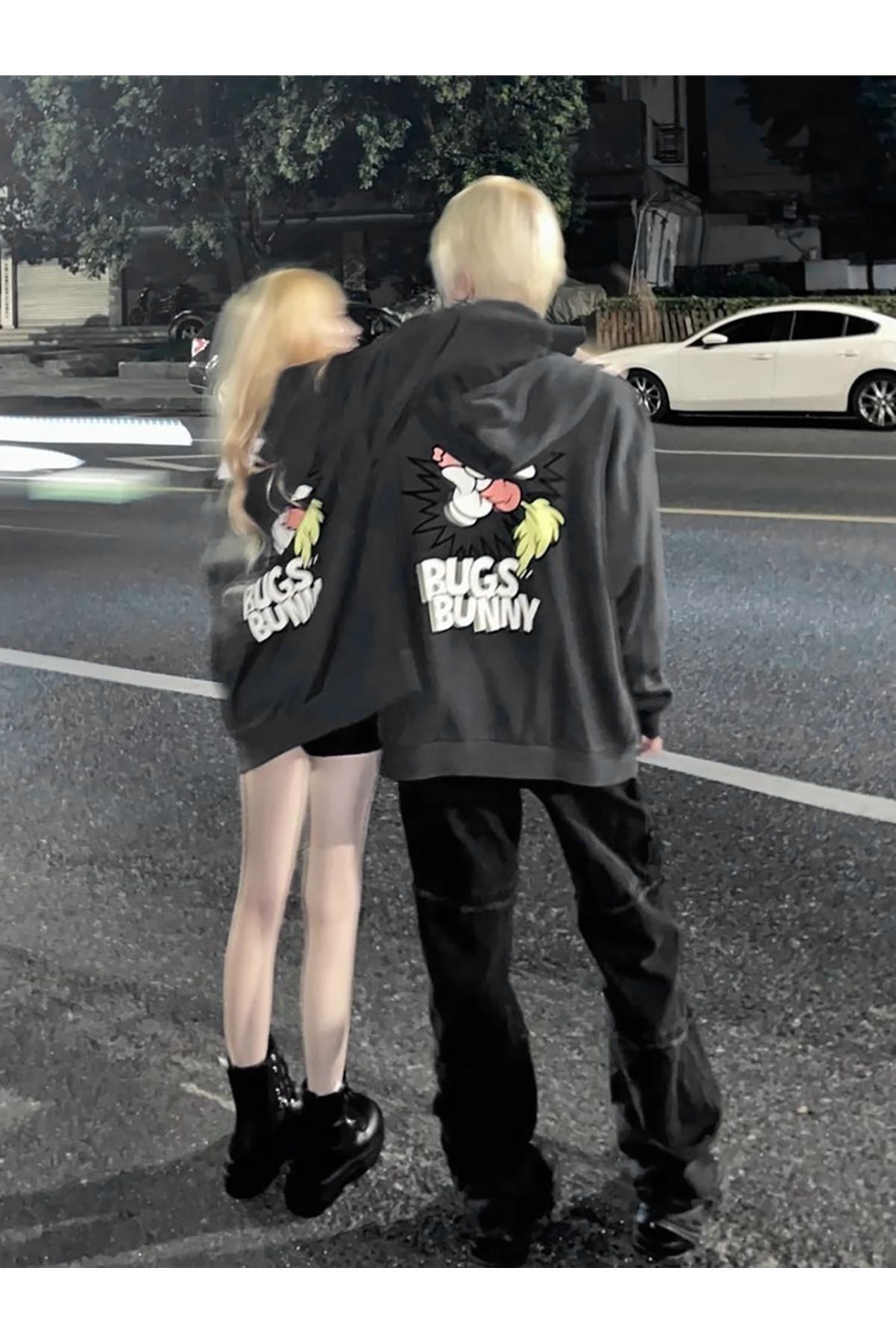 Boi Bugs Bunny Sevgili Çift Kombin Sweatshirt - Siyah Baskılı Oversize Kapüşonlu