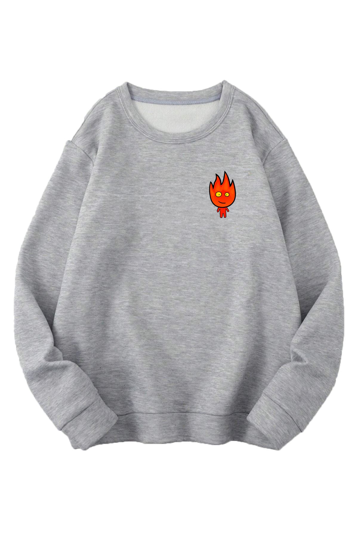 Boi Ateş Sweatshirt - Gri Baskılı Oversize Sweatshirt Bisiklet Yaka